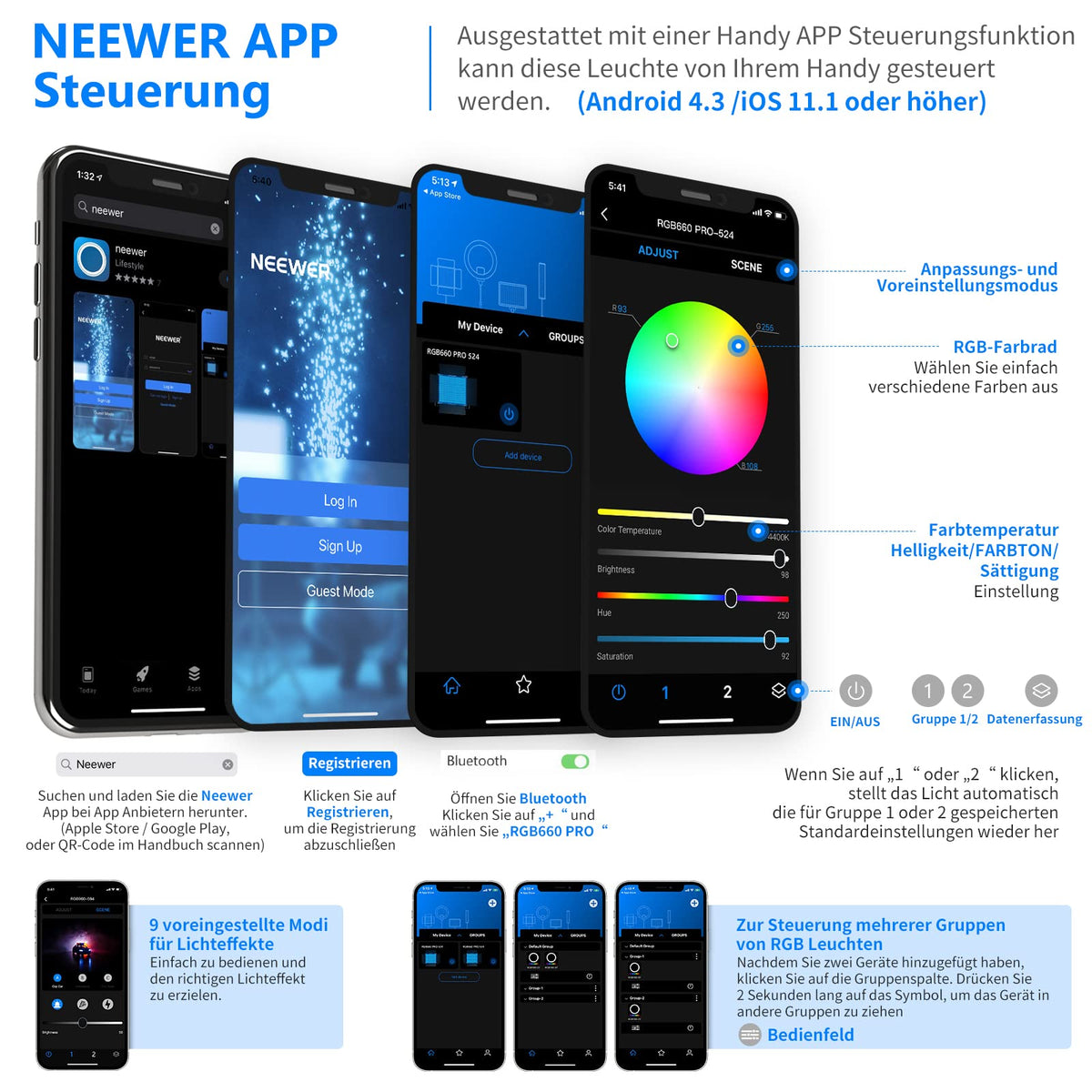 NEEWER 660 PRO 50W RGB LED Videoleuchte Panel cu control APP 360° lumină video cu culoare completă CRI 97 cu barndoor/ suport U pentru fotografie cu lumină continuă în studio - 10105695