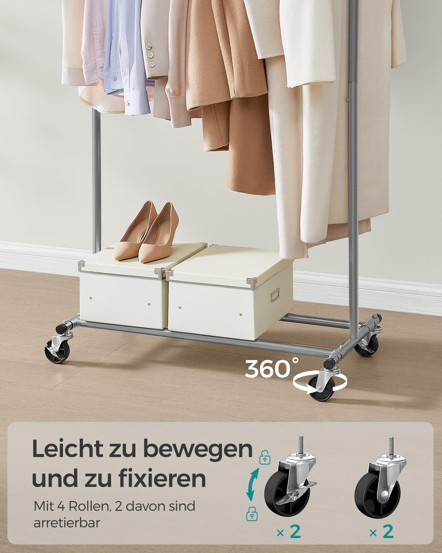 SONGMICS clothes rack on wheels, heavy-duty coat rack, extendable clothes rail, loads up to 100 kg, easy assembly, transportable, dove gray HSR013G01 - UHSR013G01