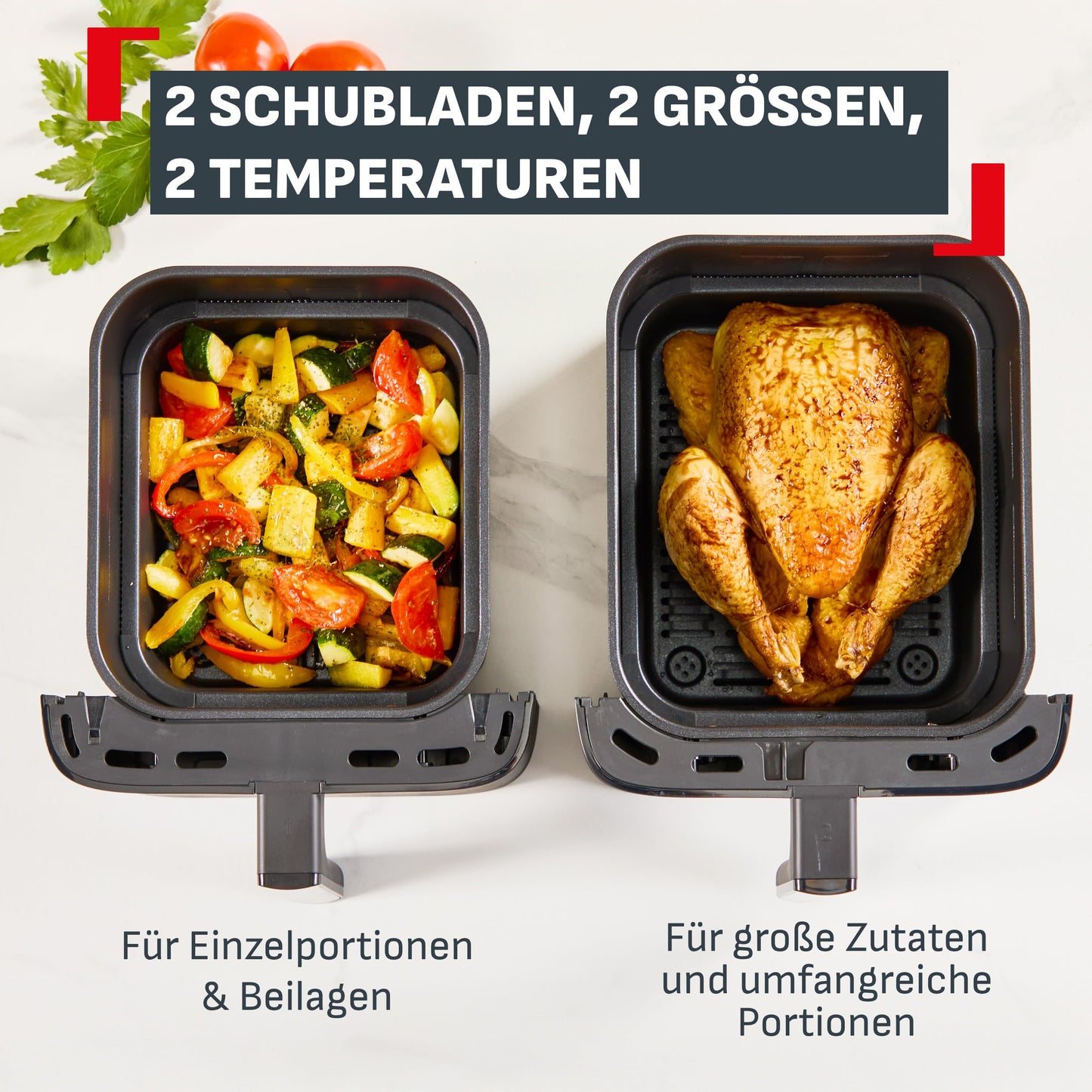 Tefal Easy Fry Crispy Stack double chamber hot air fryer, 4/6 liter drawers with separate temperature setting, EvenFry technology, 6 cooking modes + manual mode, space saving, black, EY7528E0