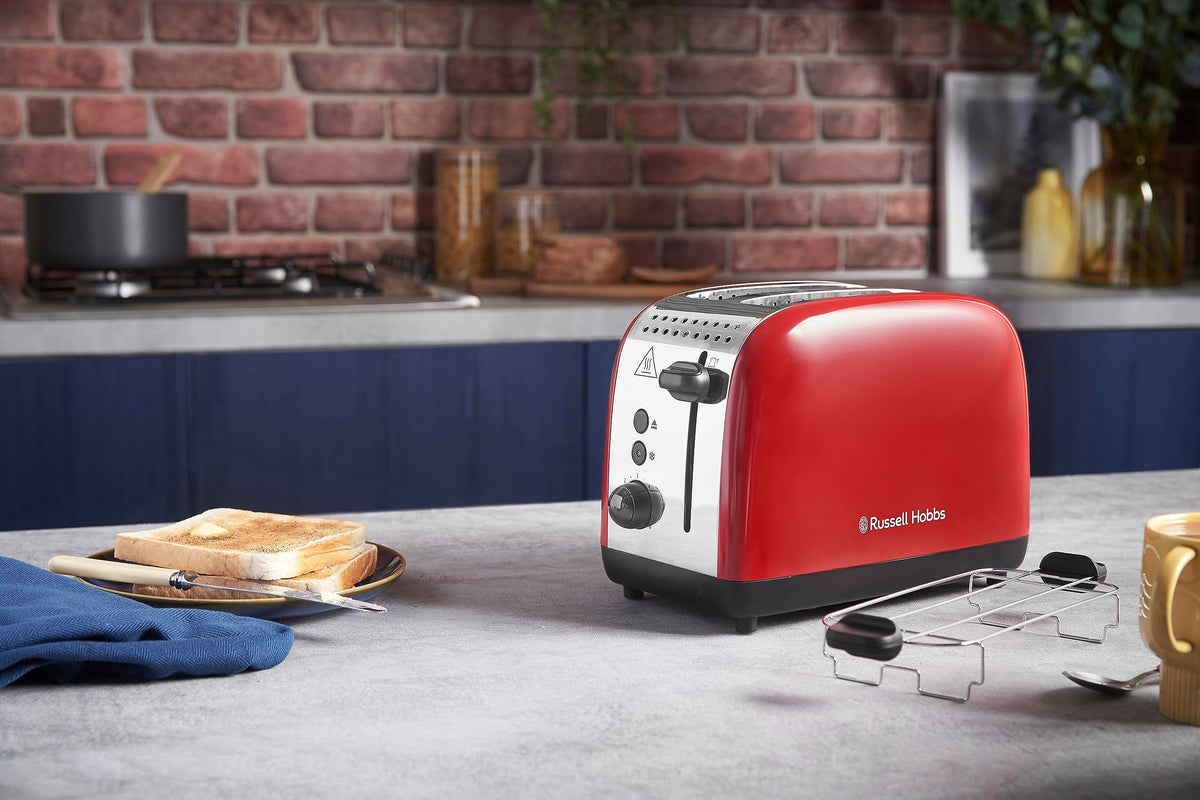 Russell Hobbs Toaster [for 2 slices] Colours Plus Stainless Steel Red (extra wide toasting slots, includes bun warmer, 6 browning levels + defrost function, Lift & Look feature, 1600W) 26554-56