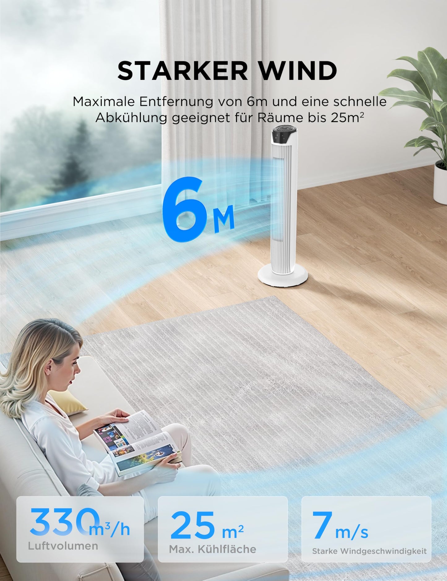Midea FZ10-17JR(WH) Tower Fan Quiet with Remote Control 92CM, Mobile Fan, Column Fan, 7 Hour Timer, 3 Modes, 3 Speeds, 45W Stand Fan, White
