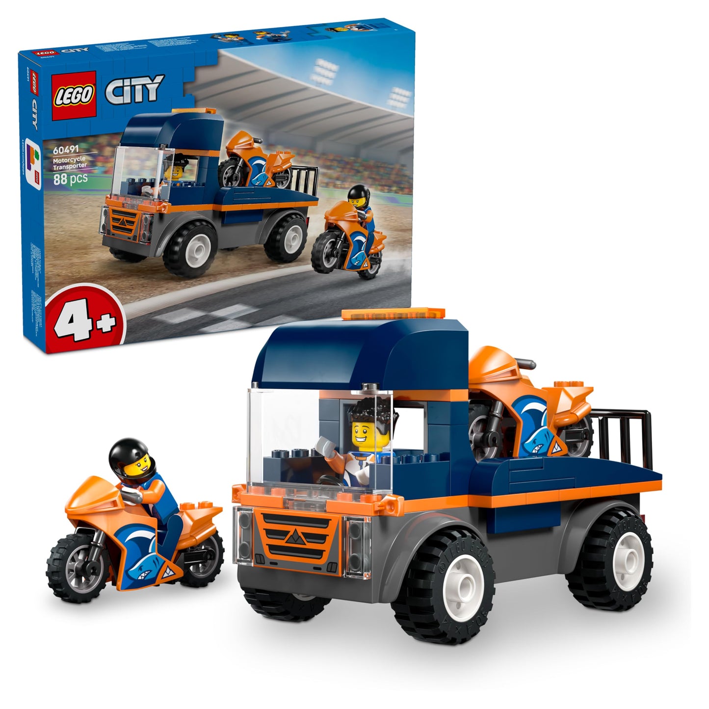 LEGO City Motorcycle Transporter - Toy to promote fine motor skills with transporter, 2 motorcycles, 2 minifigures, ramp and accessories - birthday gift for boys aged 4 and up - 60491