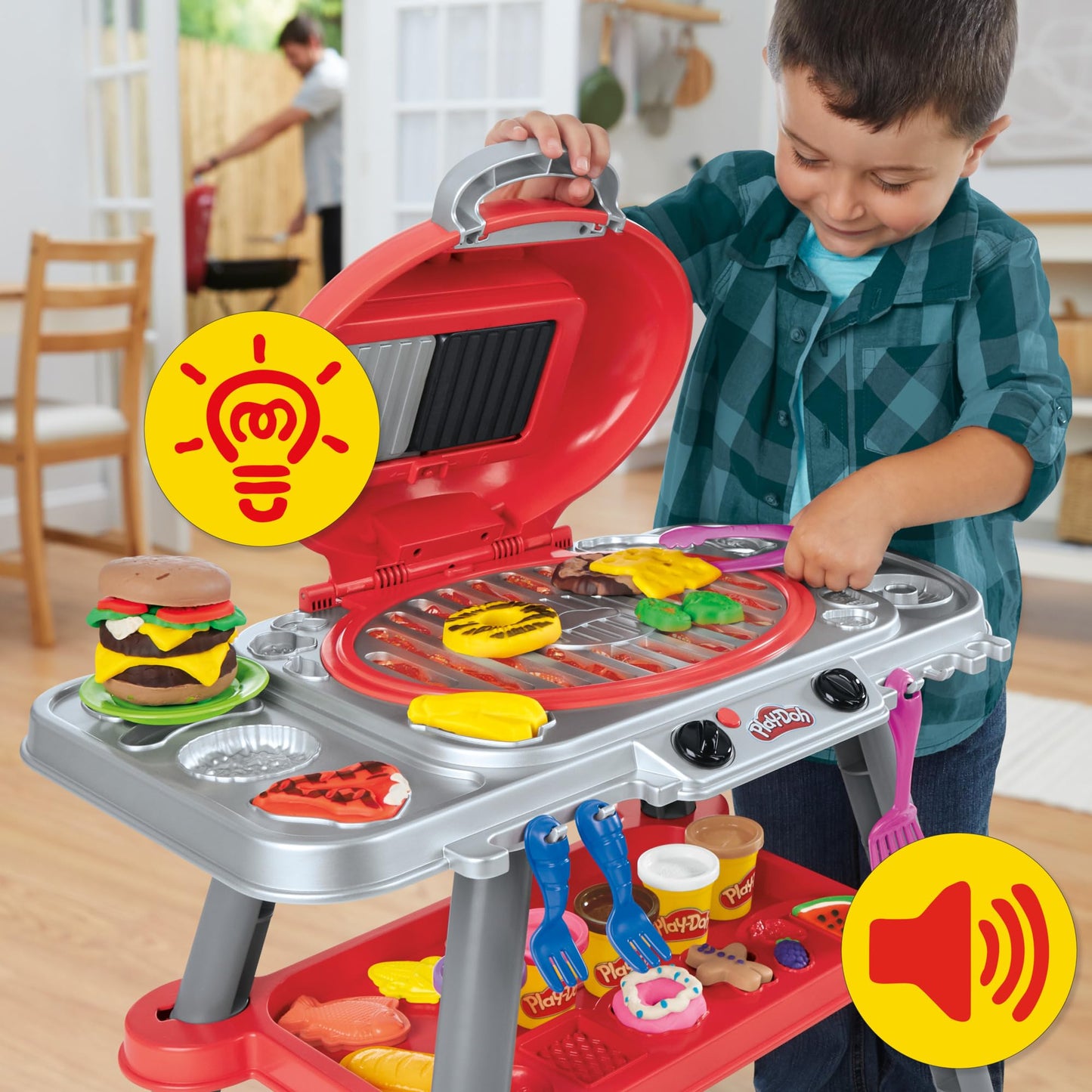 Play-Doh barbecue party toy, barbecue station with shapes, accessories and 6 cans of dough for crafts, grilling and cooking, kitchen toys, craft set and exciting for ages 3 and up - G0500