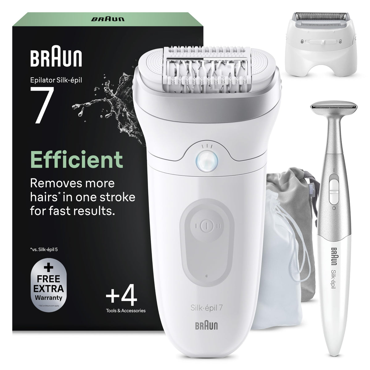 Braun Silk-épil 7, Epilator for Women, Hair Removal Device for Long-Lasting Hair Removal, Lady Shaver, Waterproof — Includes Bikini Trimmer (Intimate Area Hair Trimmer), Made in Germany — 7-241, White/Silver - SE7-241