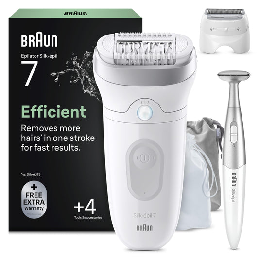 Braun Silk-épil 7, Epilator for Women, Hair Removal Device for Long-Lasting Hair Removal, Lady Shaver, Waterproof — Includes Bikini Trimmer (Intimate Area Hair Trimmer), Made in Germany — 7-241, White/Silver - SE7-241