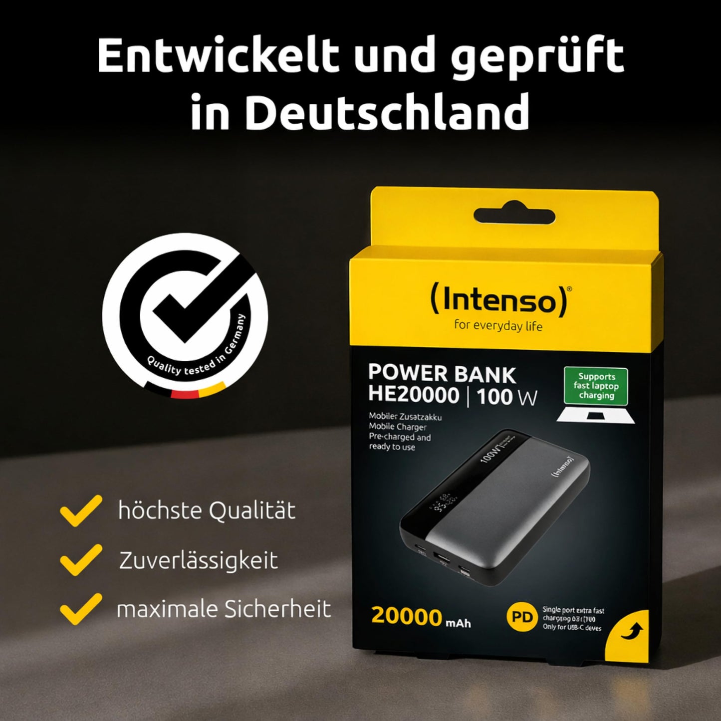 Intenso Powerbank HE20000 100W Power Delivery, 20000mAh external battery, fast charging for MacBook, iPhone, Samsung Galaxy, iPad - USB-C cable & transport bag included - 7350050