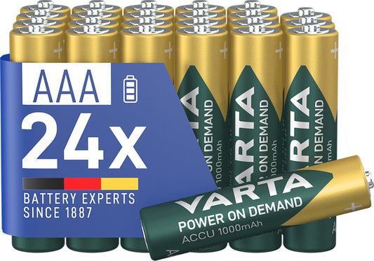 VARTA AAA batteries, rechargeable, 24 pieces, battery, power on demand, 1000 mAh Ni-MH, pre-charged, ready for immediate use [Exclusive to Amazon] - AAA,