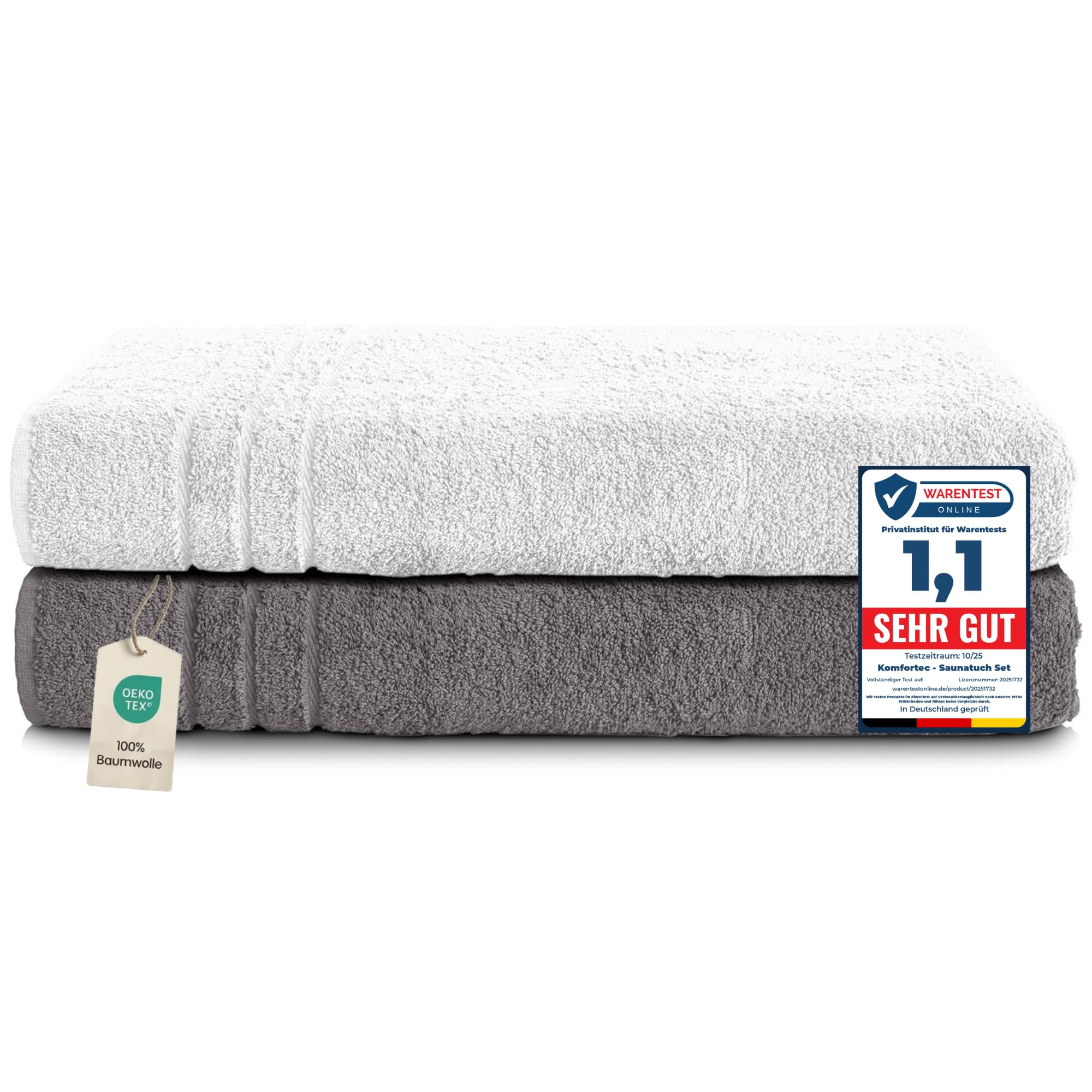 Set de 2 prosoape de saună Komfortec 80x200 cm, prosoape mari de saună din bumbac 100%, pufoase și absorbante, cu uscare rapidă, gri antracit/alb - 2er-80x200-anthrazit-weiss