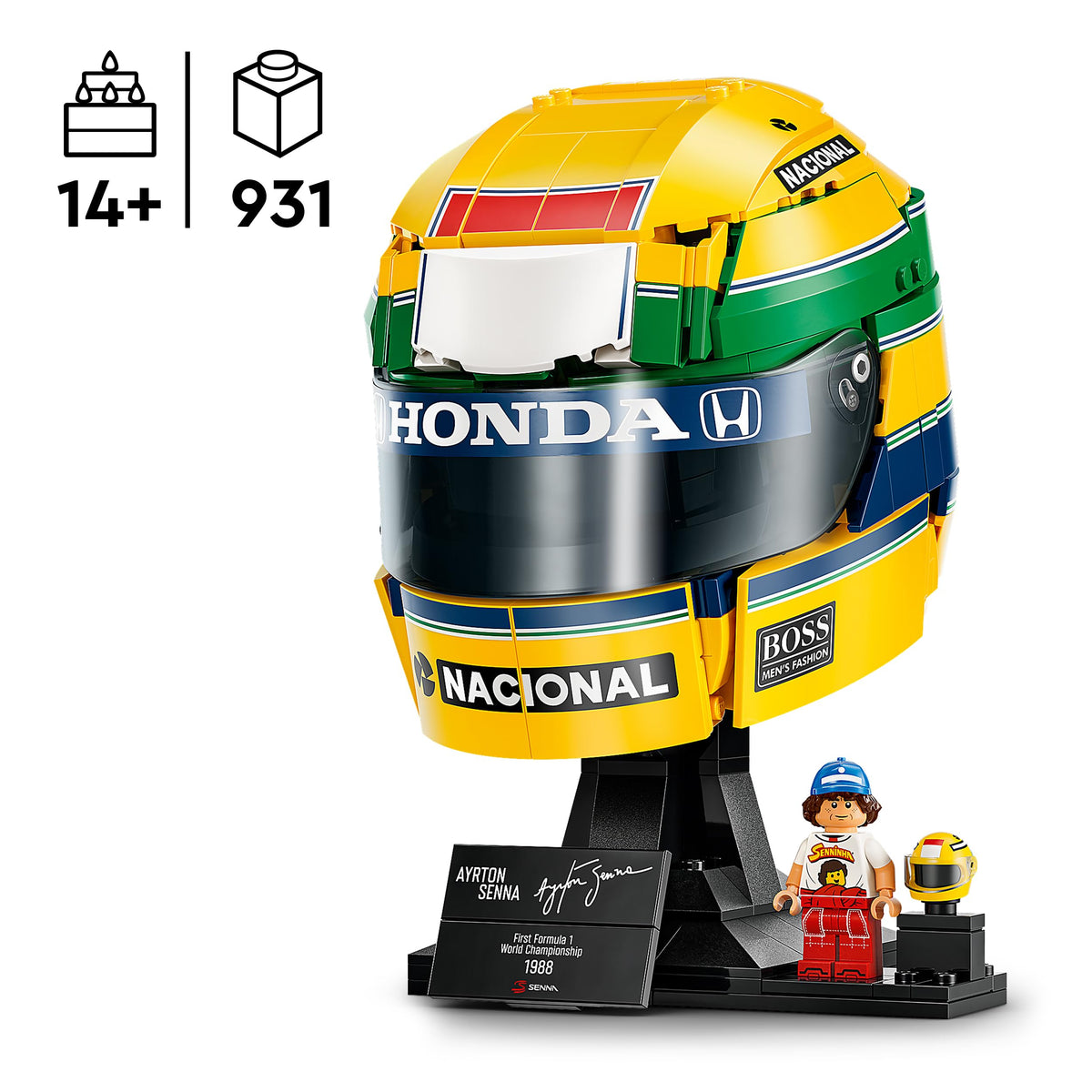 LEGO Editions Ayrton Senna Helm - Articol pentru fani Formula 1 - Model de căști de curse pentru expunere cu figurina colectabilă - Cadou pentru băieți de la 14 ani și fani ai motorsportului - 43024