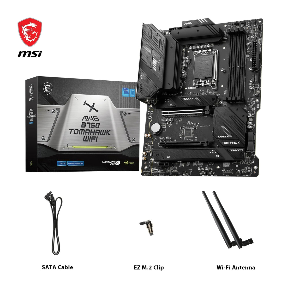 MSI MAG B760 Tomahawk WiFi Placă de bază, ATX - Suportă procesoare Intel Core din generațiile 12, 13 și 14, LGA 1700-75A DrMOS VRM, DDR5 Memory Boost 7000+MHz/OC, PCIe 5.0 x16, M.2 Gen4, Wi-Fi 6E - 7D96-003R