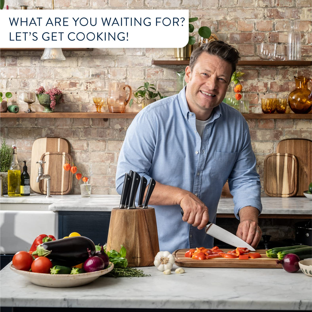Tefal Jamie Oliver set de 7 piese, 6 cuțite de bucătărie + suport pentru cuțite din lemn de acacia, performanță de tăiere ridicată, design inconfundabil, lame rezistente și durabile, Maro/Negru, K267S7 - K267S656