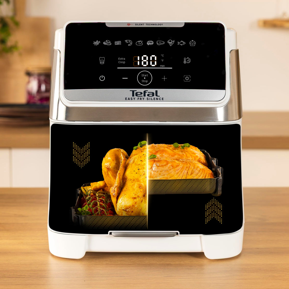 Tefal Easy Fry Silence Air Fryer, 7 L capacity, Silent technology, 10 preset programs, up to 8 servings, removable front element, white, EY8421E0