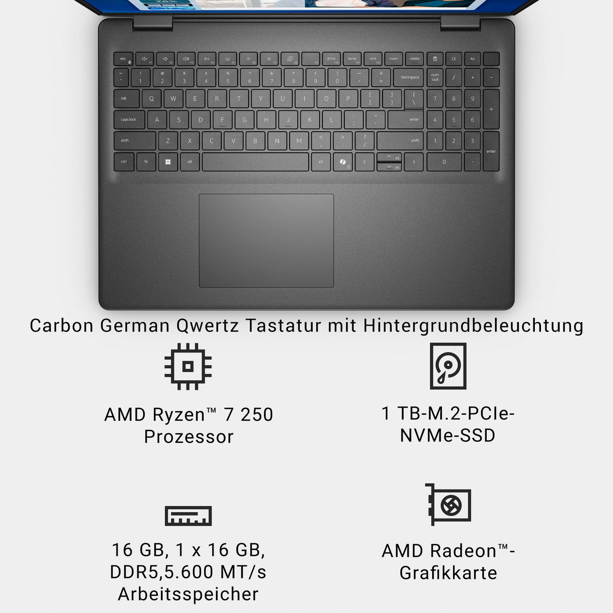 Dell 16 Laptop - AMD Ryzen 7 250, 16GB RAM, 1TB SSD - DDC16255-A220BLK-PDE