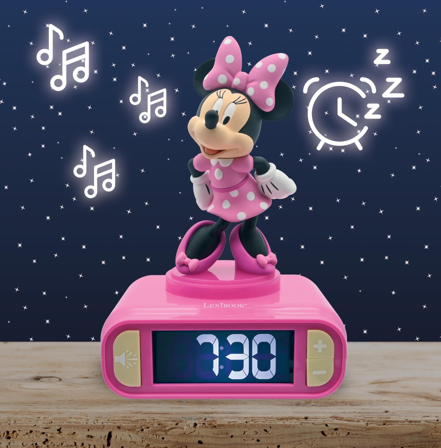 Lexibook, Disney Minnie, Minnie Night Light Alarm Clock, Sounds and Melodies, LCD Screen with Backlight, Luminous, Snooze, Pink, RL800MNLXB