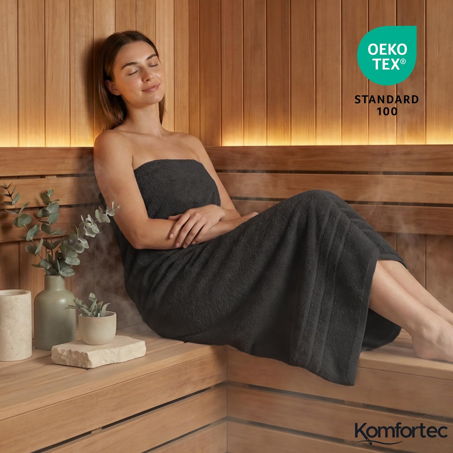 Komfortec 2 sauna towel set 80x200 cm, large sauna towels made of 100% cotton, sauna towels, fluffy and absorbent, quick-drying, black/aurora red - 2er-80x200-schwarz-aurorarot