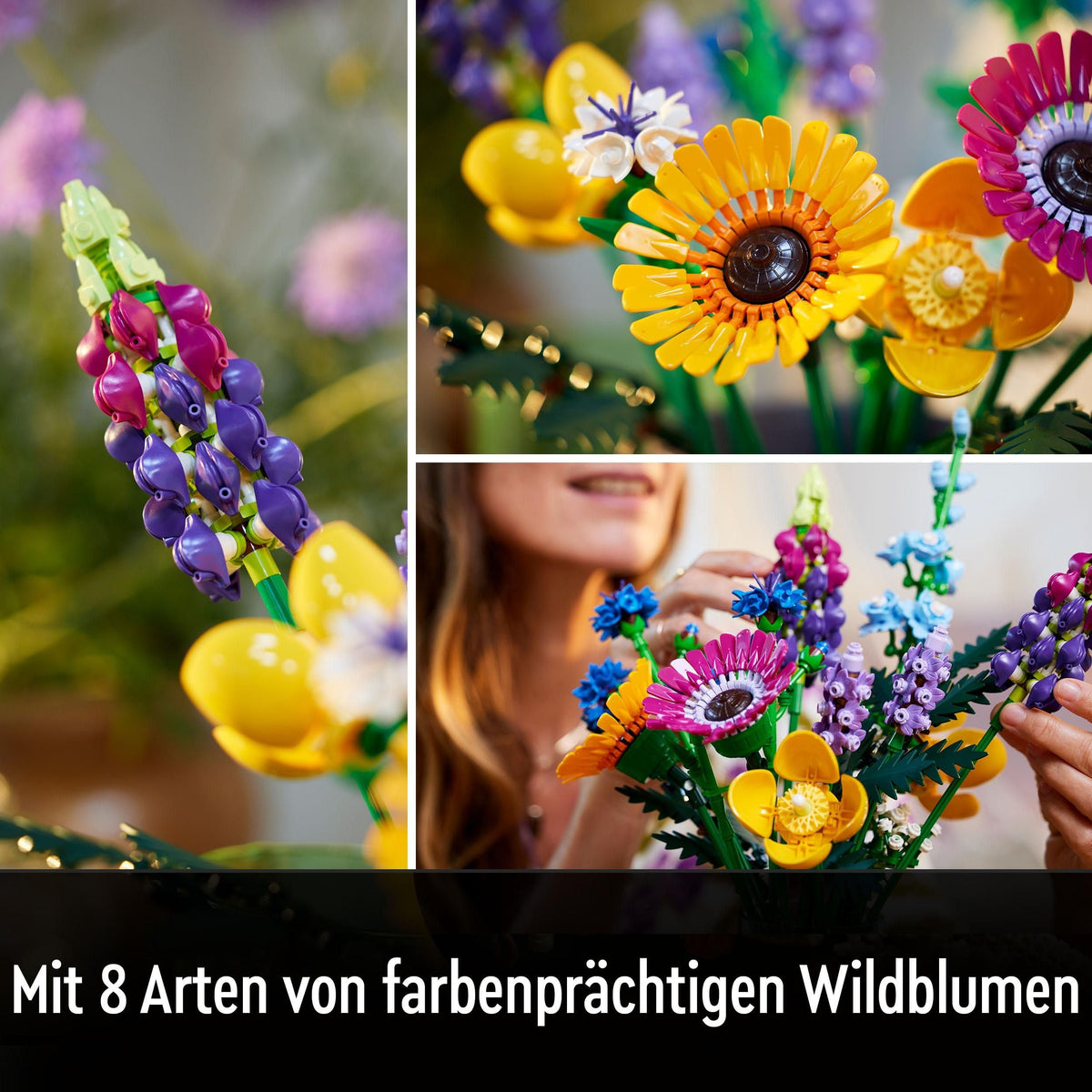 Set LEGO Botanicals Buchet de Flori Sălbatice - Flori Artificiale cu Maci și Lavandă - Kit de Meșteșuguri pentru Adulți - Cadouri pentru Decorul Biroului de Acasă pentru Femei și Bărbați - 10313