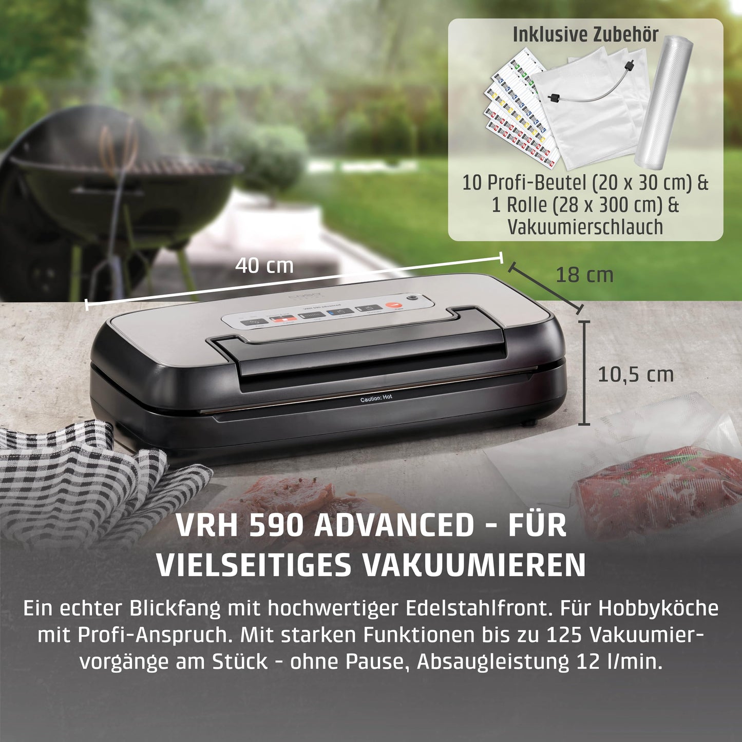 CASO VRH 590 advanced vacuum sealer - test winner home & garden test, vacuum sealer, up to 125 vacuum sealing processes non-stop, 2.5 mm thick weld seam, integrated roll compartment, cutter, - 1526