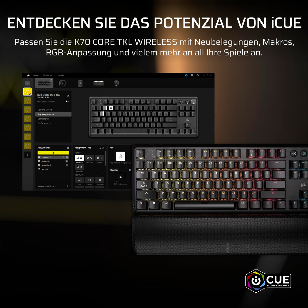 Corsair K70 CORE TKL Wireless RGB Tenkeyless Gaming Keyboard - Black - CH-914901E-DE