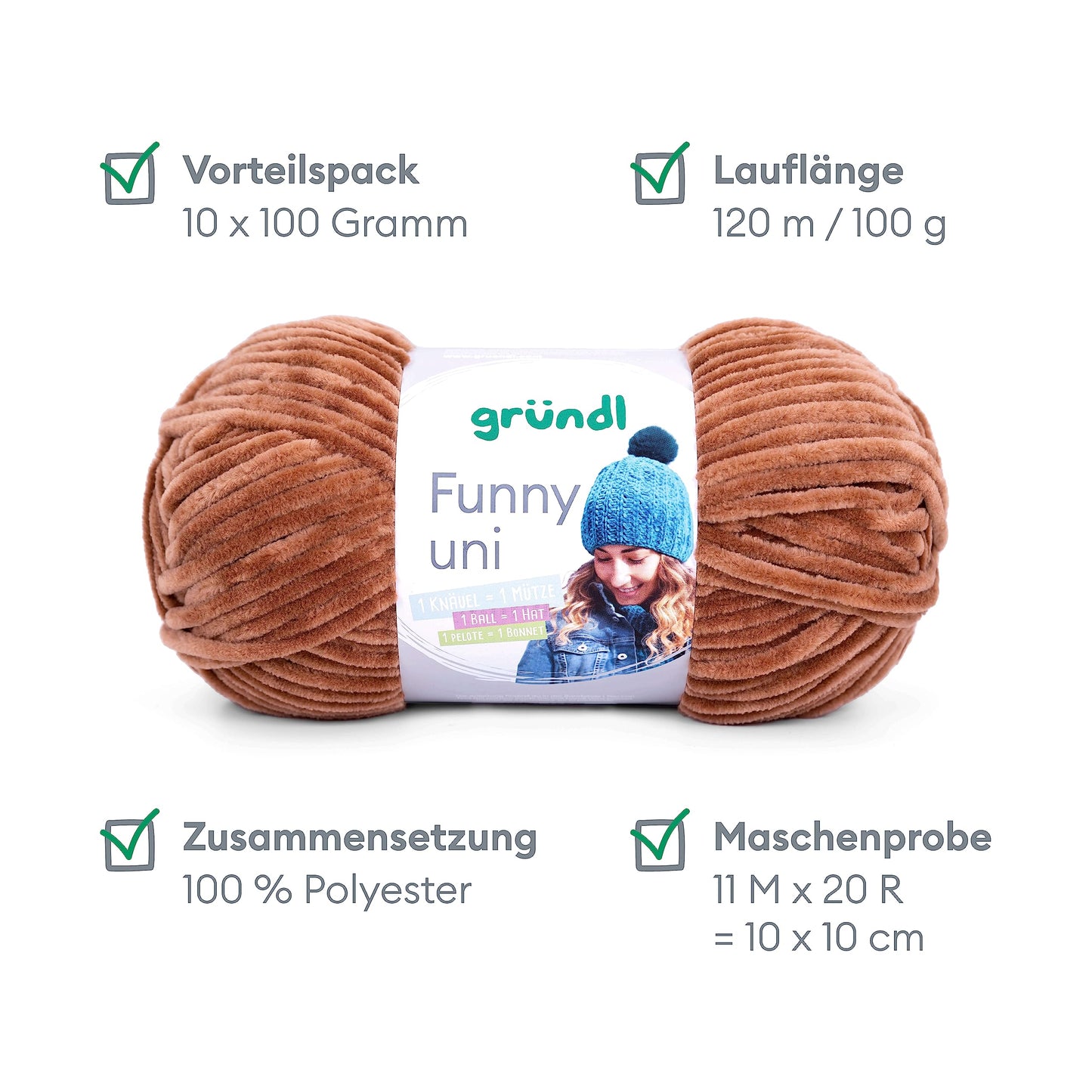 Gründl Wolle Funny uni - soft chenille wool for crocheting - cuddly and skin-friendly - 100% polyester - 10 balls 100 g / 120 m - needle size 5-6, light brown - 3442-26