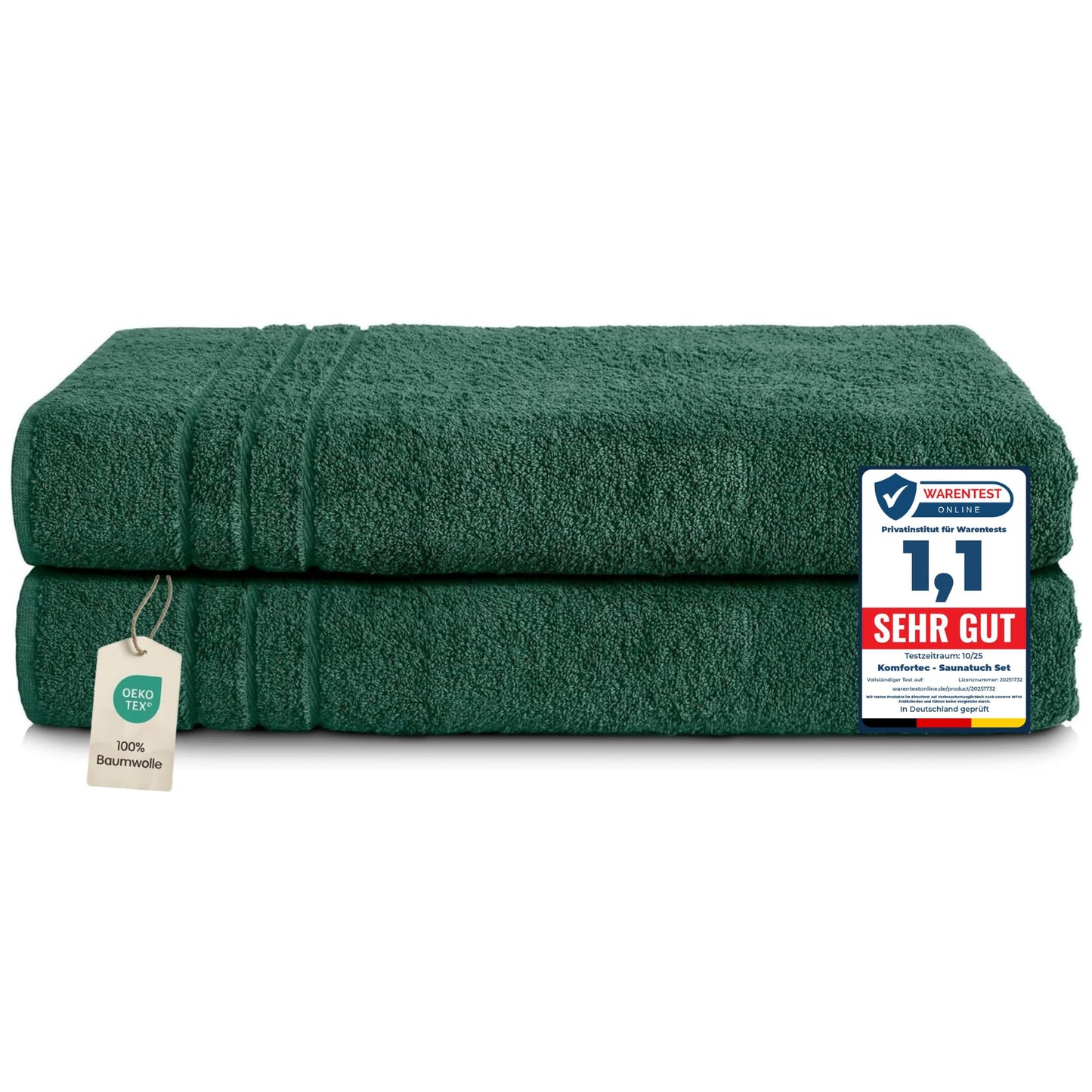 Komfortec 2 sauna towel set 80x200 cm, large sauna towels made of 100% cotton, sauna towels, fluffy and absorbent, quick-drying, dark green - 2er-80x200-dunkelgrun