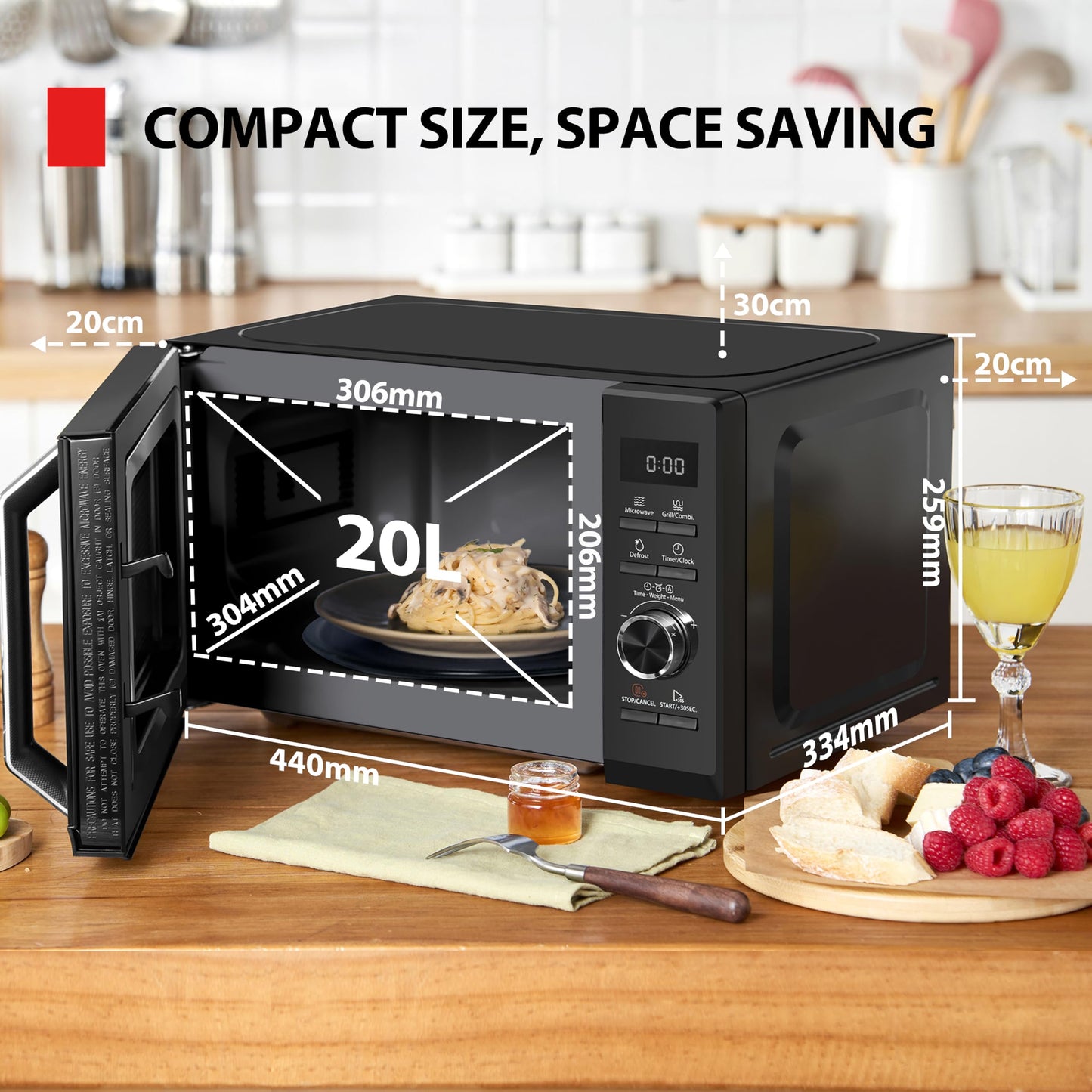 Toshiba MW3-AG20PE(BK) Microwaves with Grill 20L 3-in-1 Microwave Oven, Chef Defrost, Microwave, Grill, Combi, 5 Power Levels, 8 Automatic Programs, Easy Cleaning, Black