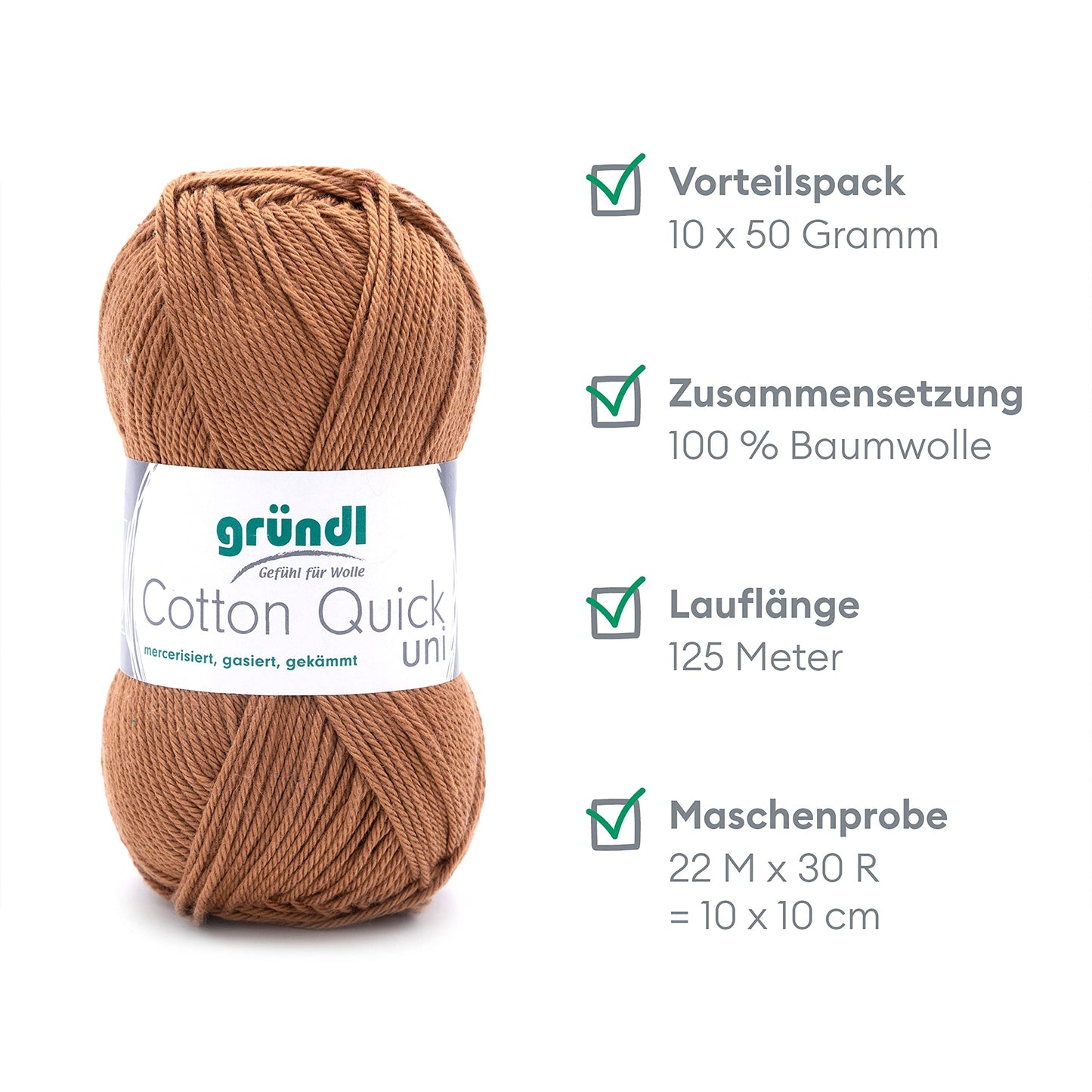 Gründl Wolle Cotton Quick uni - wool for crocheting made from 100% cotton - wool for knitting - shiny cotton yarn 10 balls 50 g / 125 m - caramel - 865-123