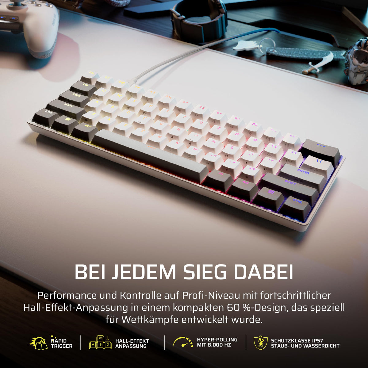 Corsair Clipper PRO MINI 60 SOCD Gaming-Tastatur cu efect Hall – Alb - CH-979111J-DE