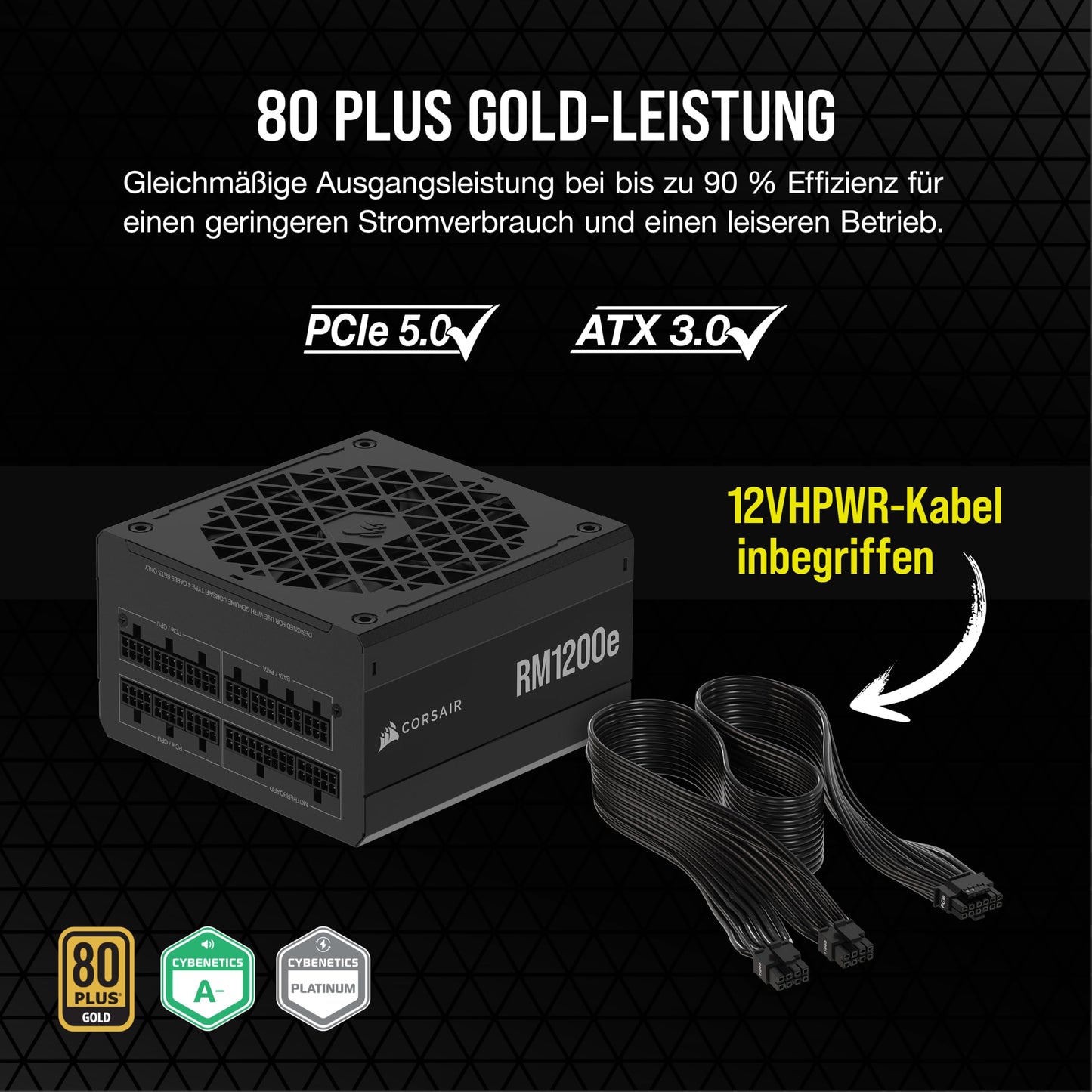 CORSAIR RM1200e (2023) Fully Modular Low Noise ATX Power Supply with 12V 2x6 Cable - ATX 3.1 & PCIe 5.1 Compliant, Cybenetics Platinum Efficiency, 105°C Capacitors, Modern Standby Mode - Black - CP-9020258-EU