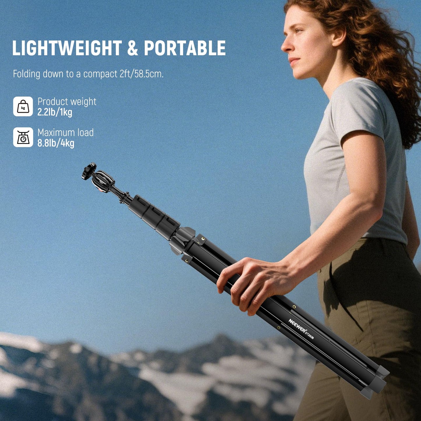 NEEWER ST200B Photography Light Stand, 56-200cm, with Ball Head, 1/4" Screw, Maximum Load 4kg, Aluminum, Portable Studio Lighting Tripod, Phone Video Stand for Strobe Light - 200cm/1