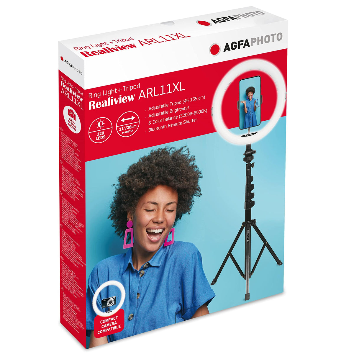 AgfaPhoto Ringlicht Realiview ARL11XL - 11-inch LED light with adjustable tripod (45cm to 155cm) - LED ring light for video, makeup, photography, compatible with smartphones and cameras. - 1x