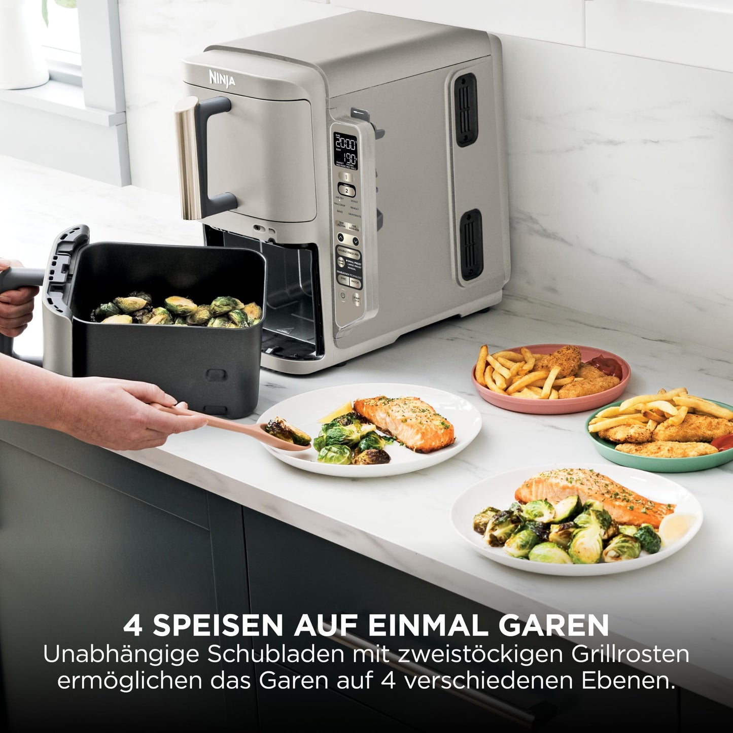 Ninja Double Stack XL Air Fryer with Digital Thermometer and 2 Vertical Drawers, 4 Tiers, and 2 Racks, 9.5L Capacity, 6 Functions, 8 Servings, Steingold SL451EUSD