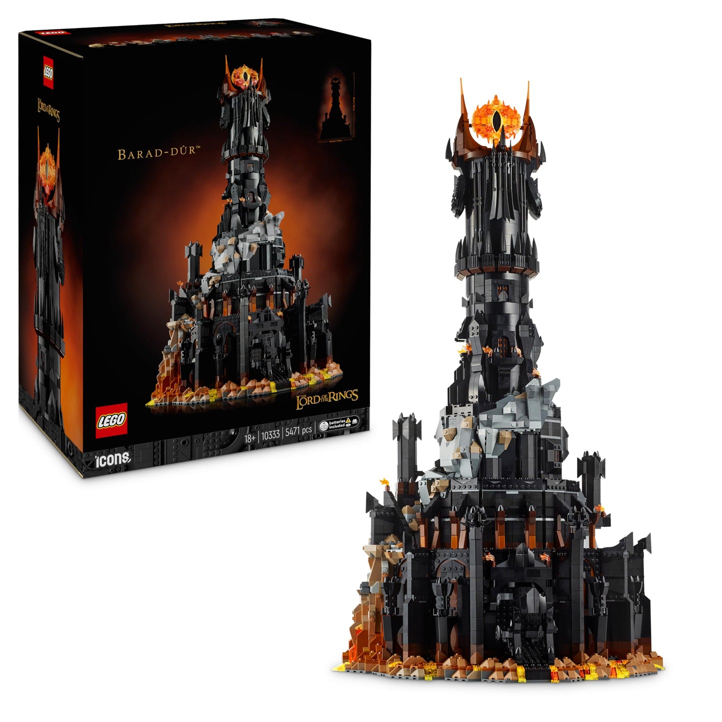 LEGO Icons The Lord of the Rings: Barad-dûr, building set for adults with minifigures Sauron, Gothmog, Orc, Frodo, Sam and Gollum, film memorabilia, collector's item for fans 10333