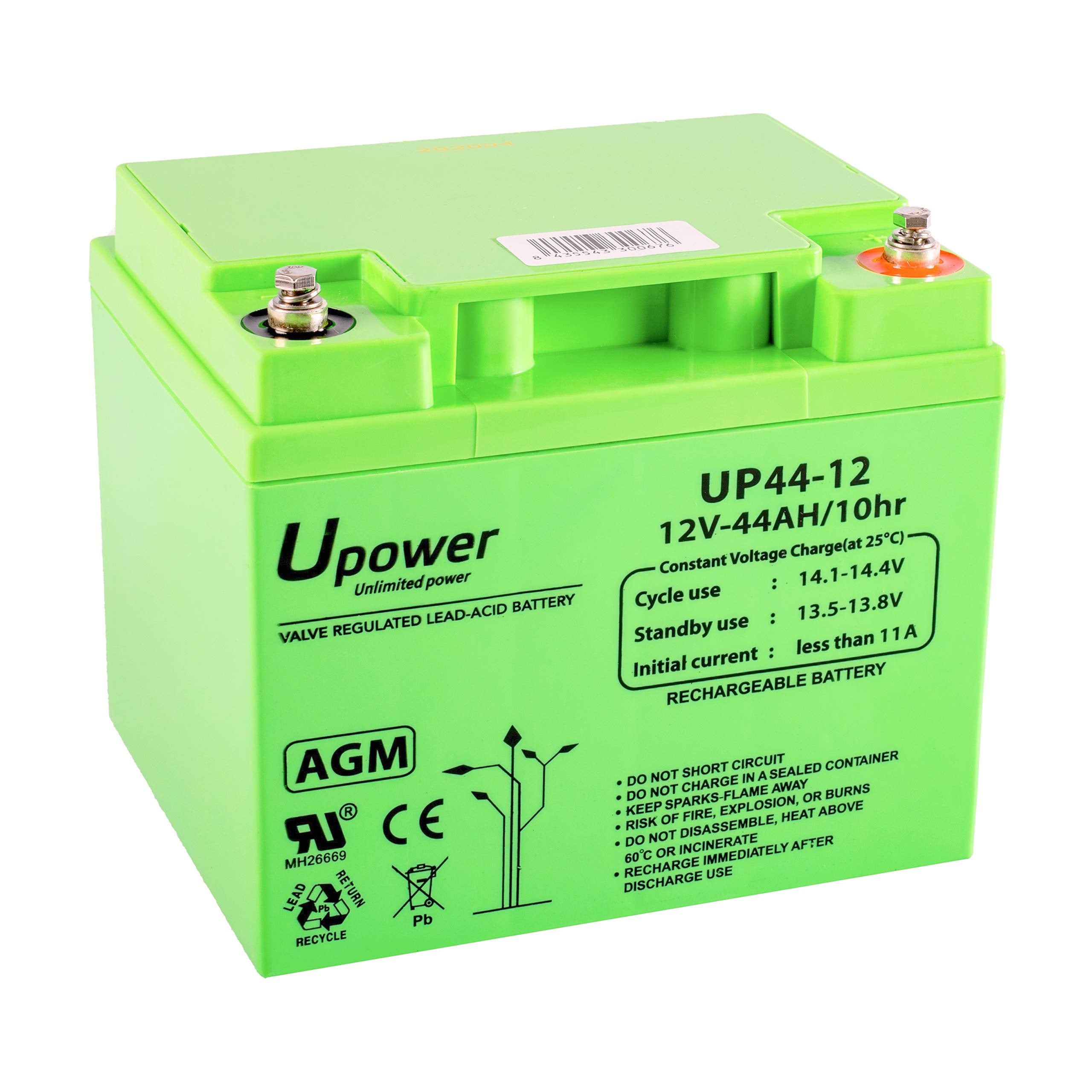 U-Power AGM battery 12V 44Ah, VRLA lead battery maintenance-free, rechargeable, screw connection M6, for UPS/UPS, alarm systems, solar systems & security
