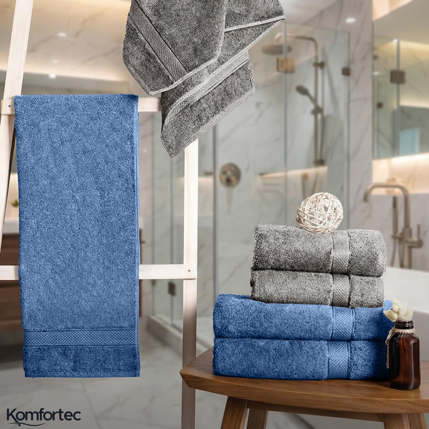 Komfortec set of 8 towels, 4 bath towels 70x140 cm & 4 hand towels 50x100 cm, 100% cotton terry cloth, fluffy and absorbent, anthracite/light blue - 4er-50x100-und-4er-70x140-anth-hellblau