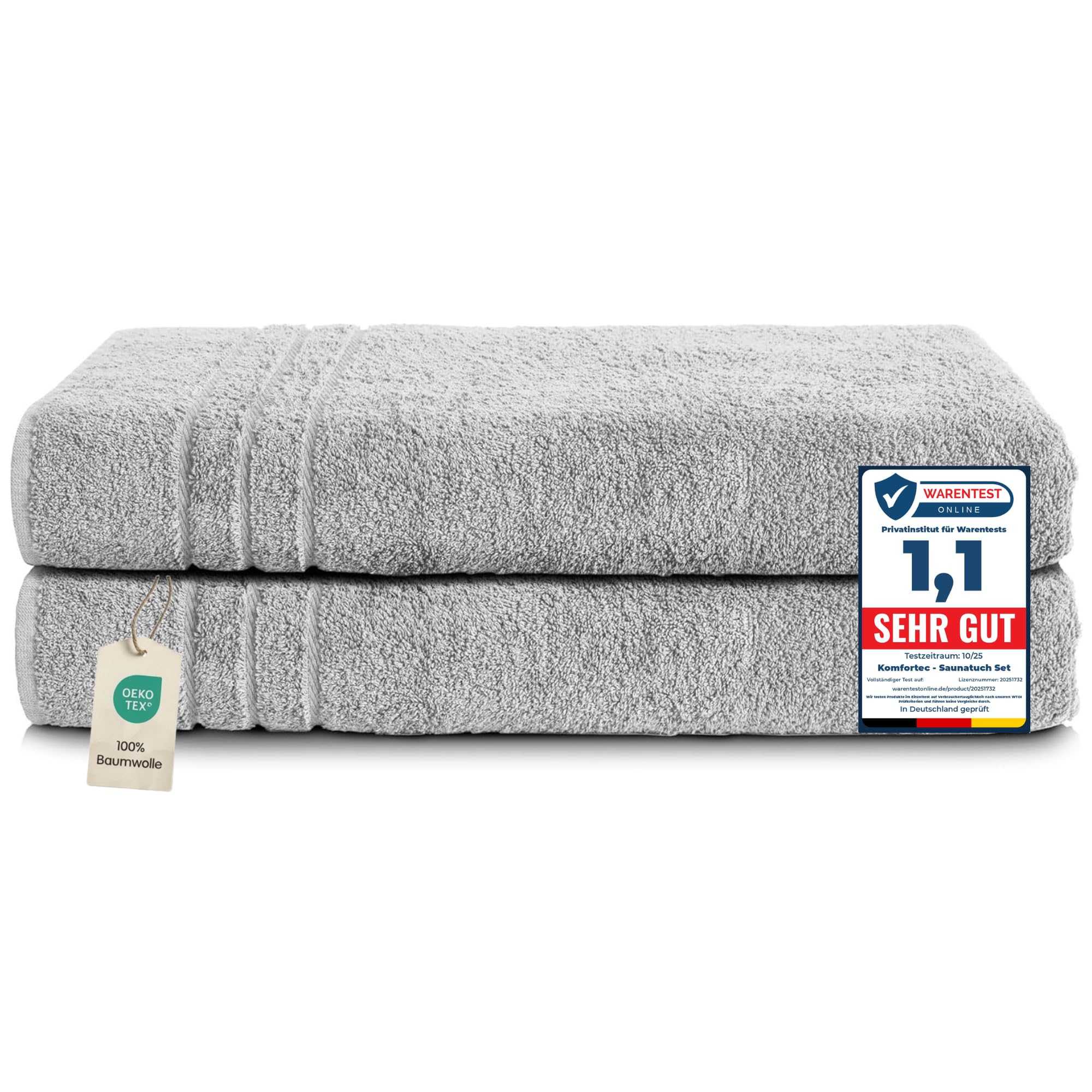 Set de prosoape de saună Komfortec 2, 80x200 cm, prosoape de saună mari din bumbac 100%, prosoape de saună pufoase și absorbante, cu uscare rapidă, gri argintiu - 2er-80x200-silber