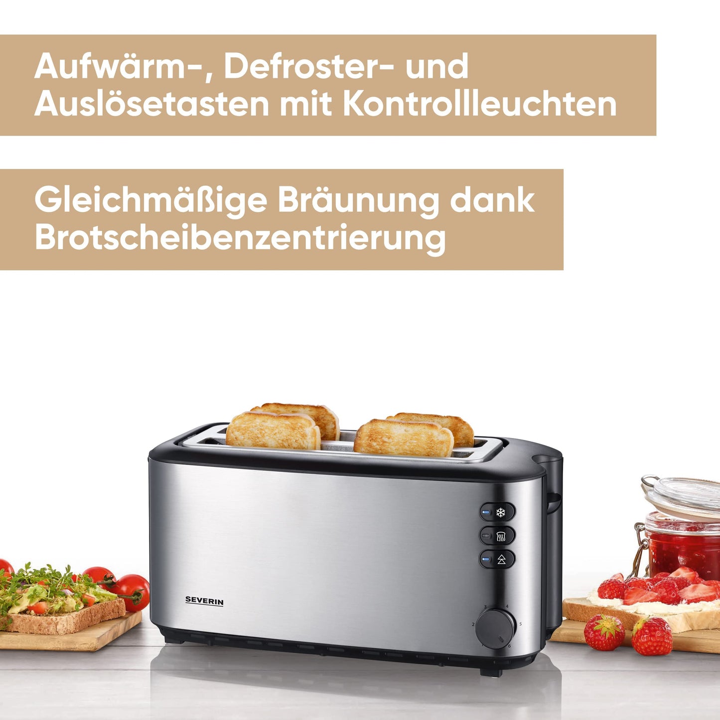 Severin double long slot toaster with built-in bread roll attachment, for 4 slices of bread, bread slice centering, warm-up and defroster level, brushed stainless steel, black, 1,400 W, AT 2509