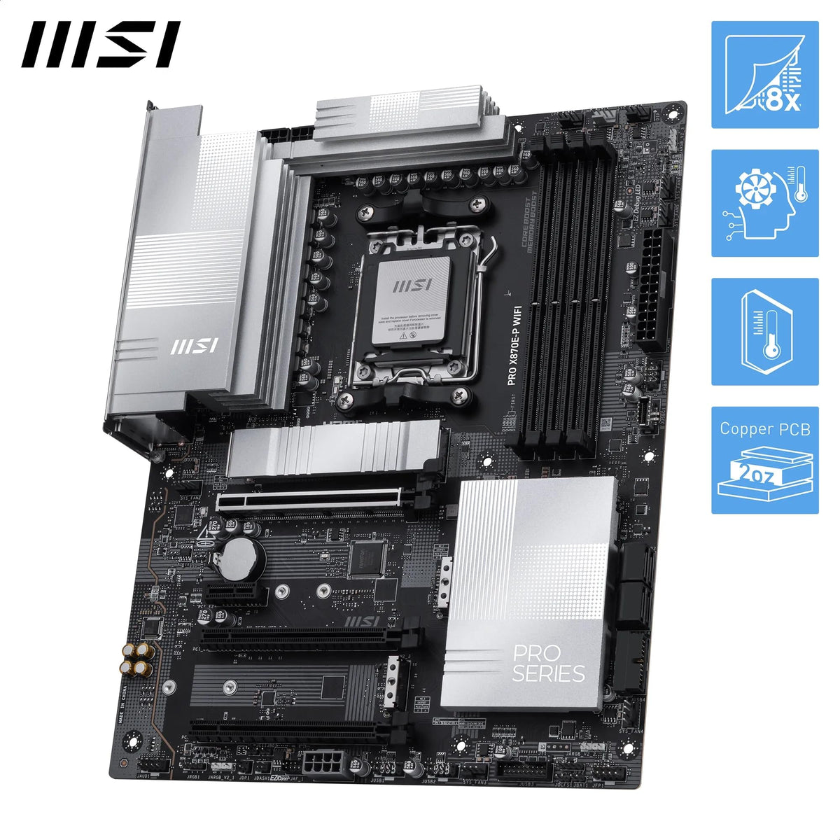 Placa de bază MSI PRO X870E-P WiFi, ATX - Suportă procesoare AMD Ryzen 9000/8000 / 7000, AM5-60A SPS VRM, DDR5 Memory Boost (8200+ MT/s OC), PCIe 5.0 x16 & 4.0 x16, M.2 Gen5, Wi-Fi 7, 5G LAN
