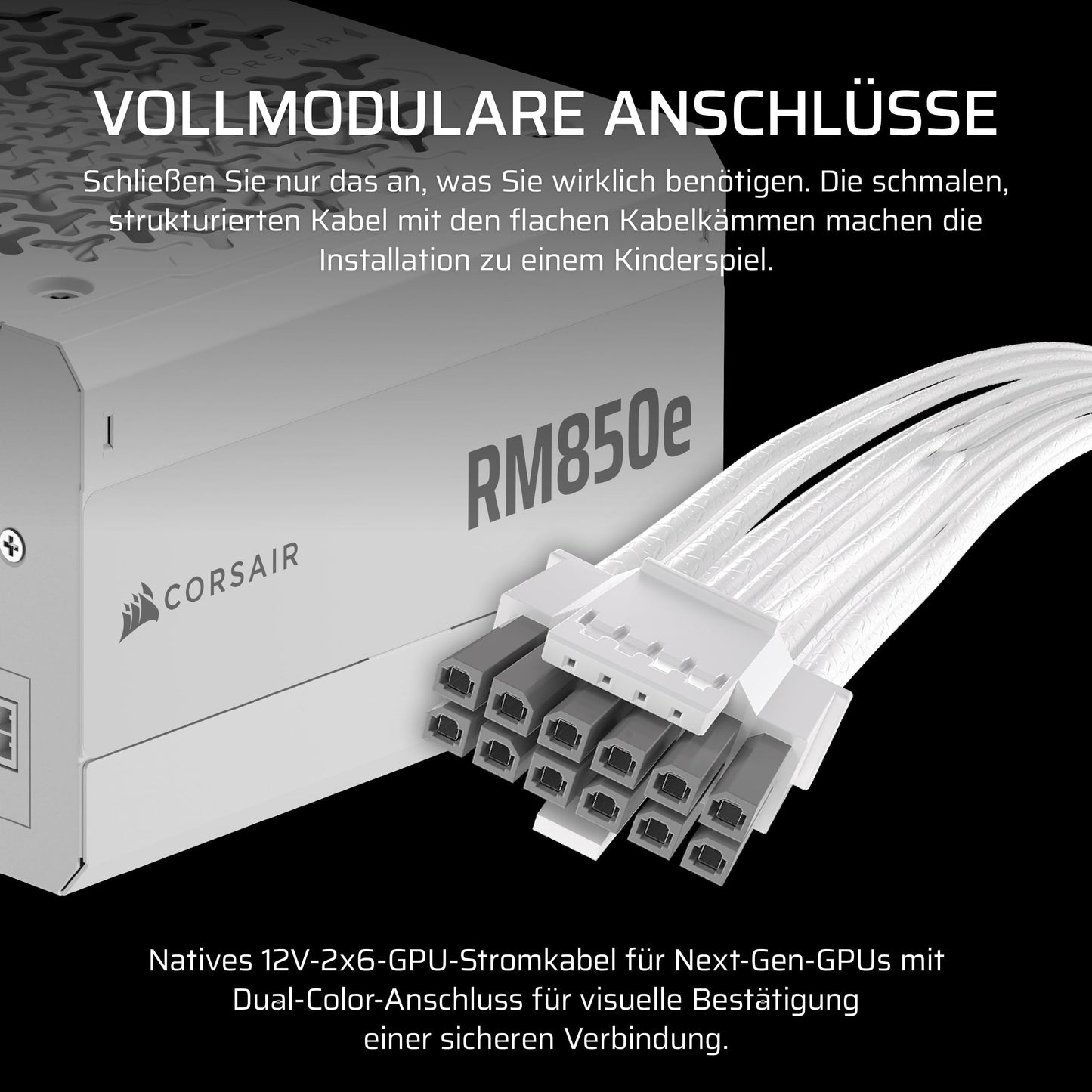 CORSAIR RM850e (2025) Quiet Fully Modular ATX Power Supply with 12V 2x6 Cable - Zero RPM Fan Mode, ATX 3.1 Compliant, PCIe 5.1 Support, Cybenetics Gold - White - CP-9020293-EU