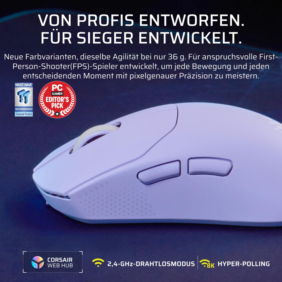 Corsair Sabre v2 PRO Ultralight Mouse de Gaming FPS Fără Fir – Lavandă - CH-931G006-WW