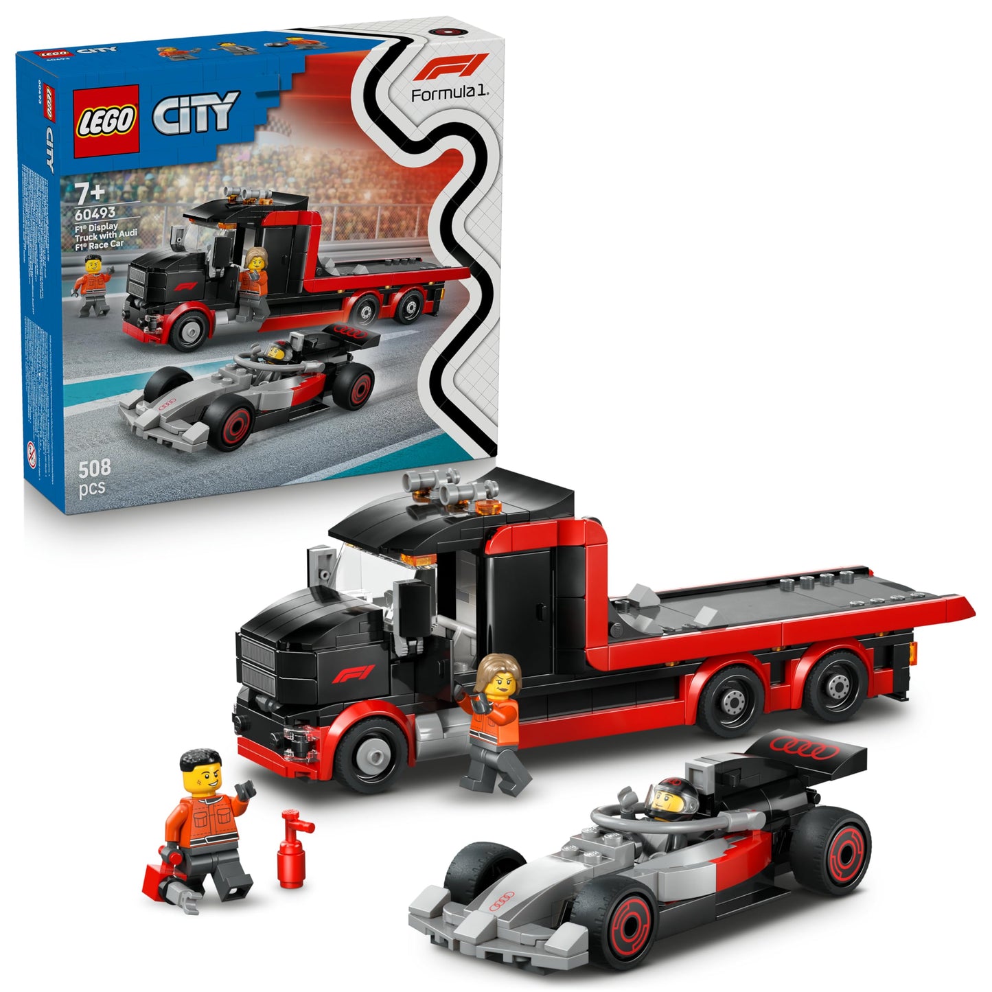 LEGO City F1 Truck with Audi F1 racing car - toy model building with 3 minifigures and vehicle lifting function - gift idea for boys aged 7 and up and motorsport fans - 60493