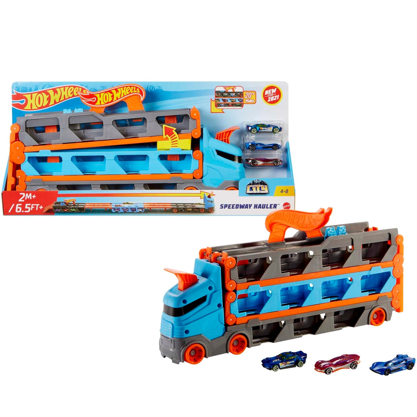 Hot Wheels - 2:1 car racing track to transporter, including 3 toy cars, with double starter, trigger function and switch, space for 20 cars, toys from 4 years, HGH33