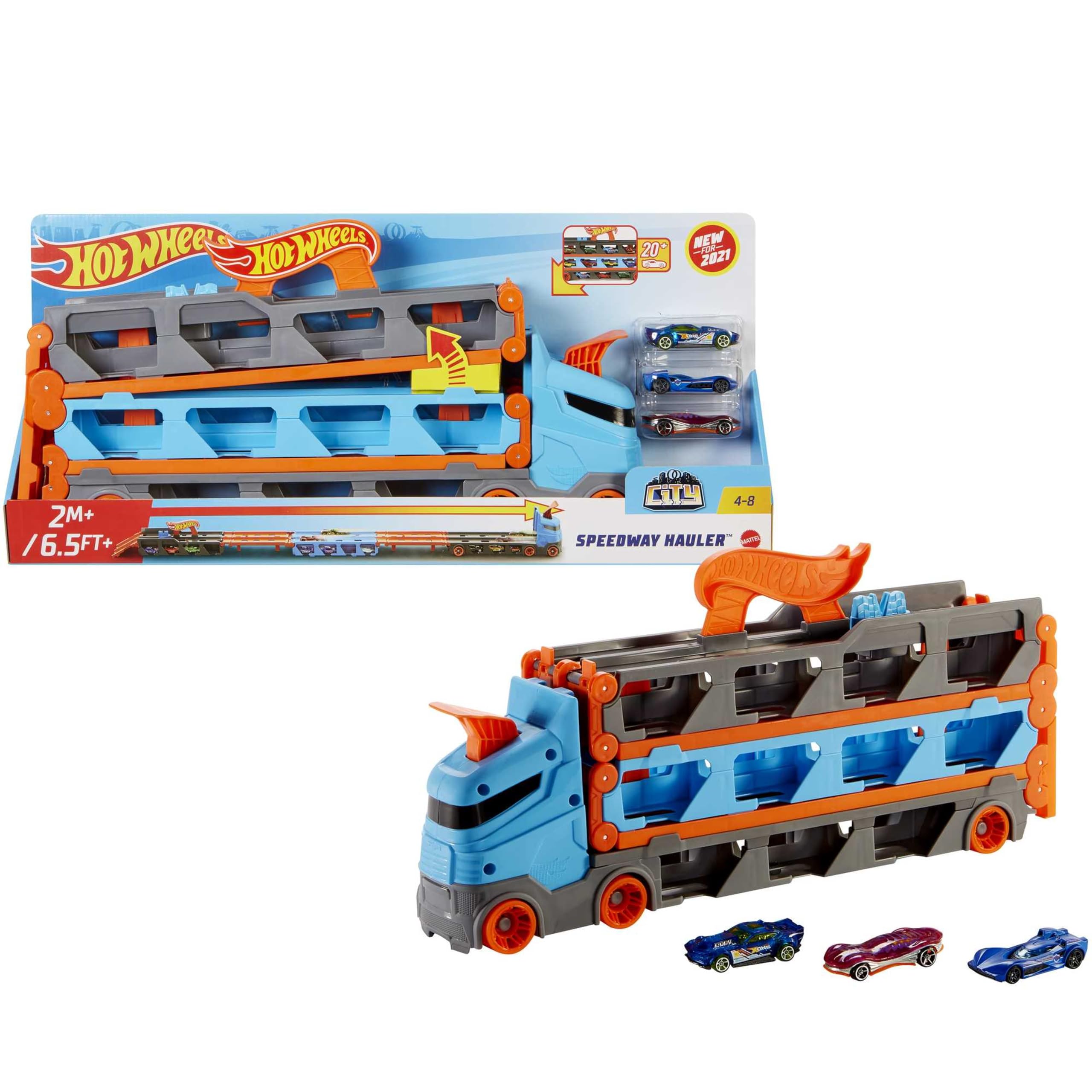 Hot Wheels - 2:1 car racing track to transporter, including 3 toy cars, with double starter, trigger function and switch, space for 20 cars, toys from 4 years, HGH33
