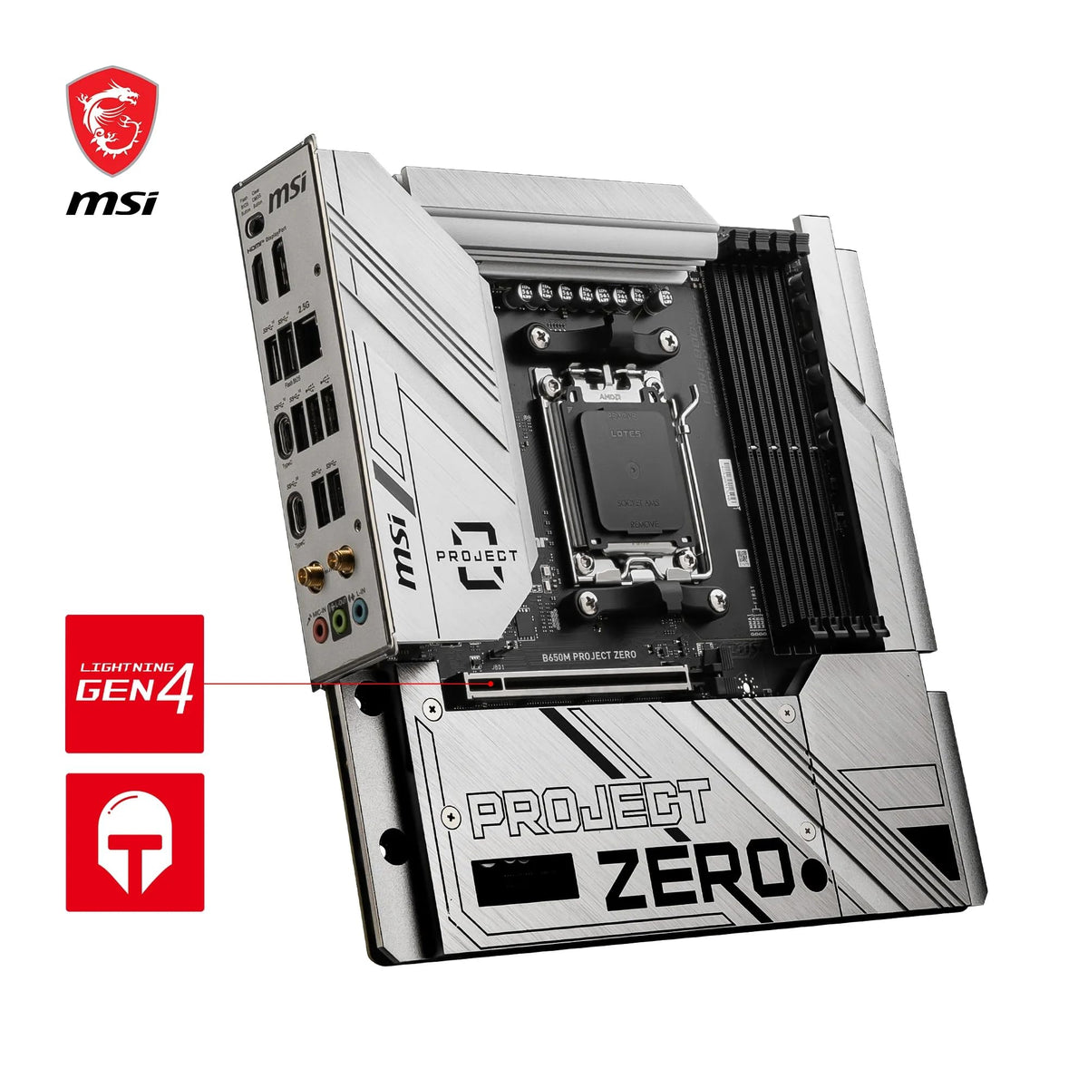 Placa de bază MSI B650M Project Zero, Micro-ATX Back-Connect - Suportă procesoare din seria Ryzen 9000, 8000 și 7000, AM5 - Memorie DDR5 Boost 6400+MHz/OC, 1 x PCIe 4.0 x16, 2 x M.2 Gen4, Wi-Fi 6E - 7E09-003R