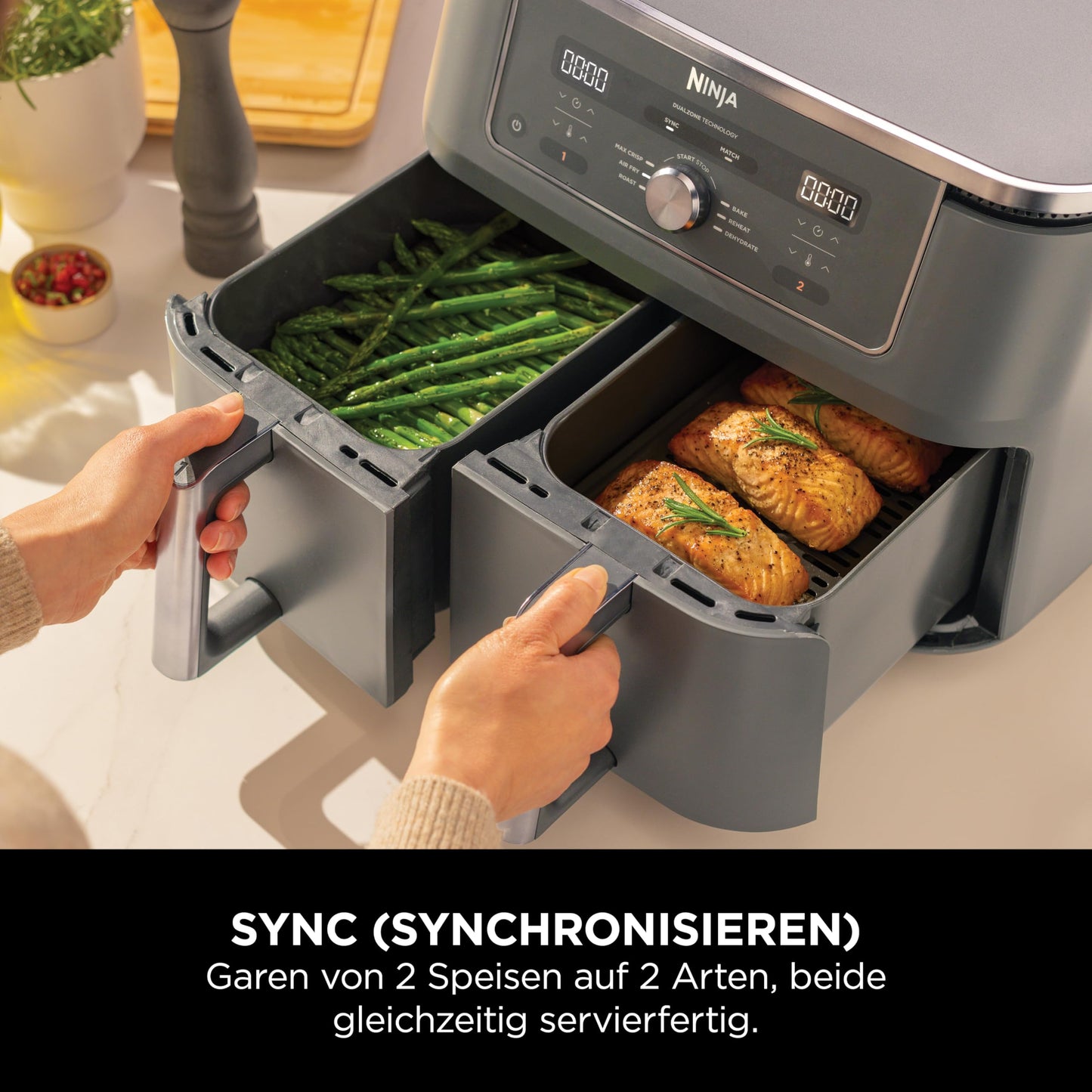 Ninja Dual Zone Digital Air Fryer, 2 Drawer, 6-in-1, Air Fryer, 9.5L, Air Frying, Max Crisp, Roasting, Baking, Reheating, Dishwasher Safe Baskets, Metallic Gray DZ400EU