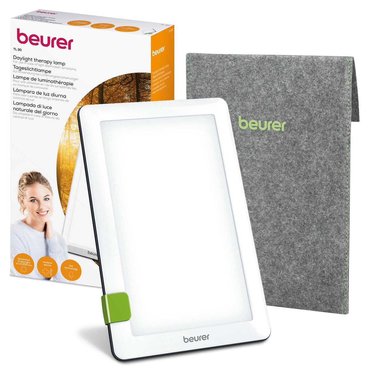 Beurer TL 30 Daylight Lamp, simulation of daylight, up to 10,000 Lux, medical device, flicker-free and UV-free LED technology, daylight lamp with adjustable stand and carrying case. - 608.05