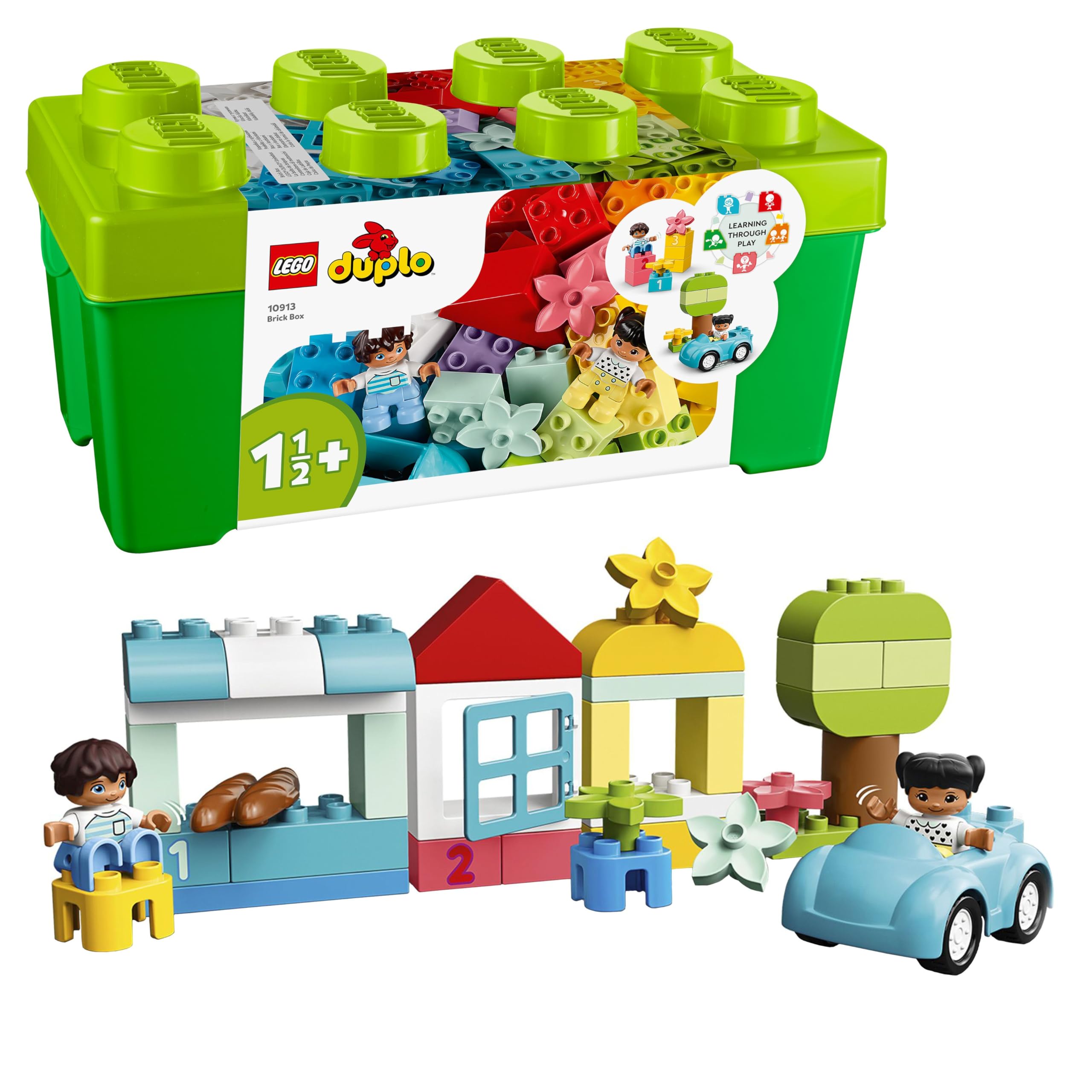 LEGO DUPLO Brick Box - Educational Stacking Toys for 1+ Year Old Boys & Girls - incl. Colorful Number Bricks, a Car & 2 Figures, Plus Toy Storage - 10913