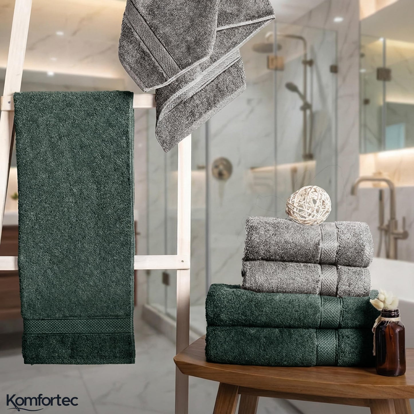 Komfortec set of 8 towels, 4 bath towels 70x140 cm & 4 hand towels 50x100 cm, 100% cotton terry cloth, fluffy and absorbent, anthracite gray/dark green - 4er-50x100-und-4er-70x140-anth-dgrün
