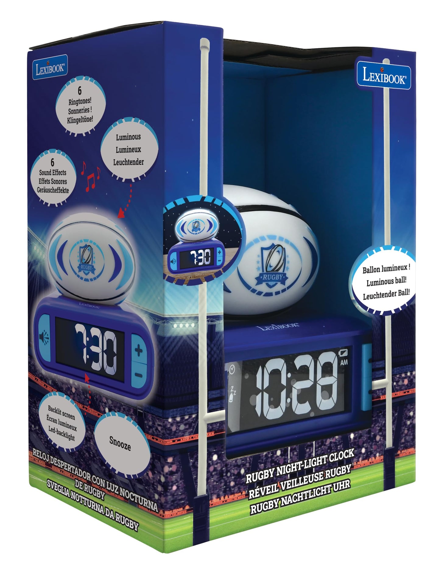Lexibook, Rugby, Alarm Clock with Night Light, Sounds and Melodies, Backlit LCD Display, Luminous, Snooze Function, Blue, RL800RG