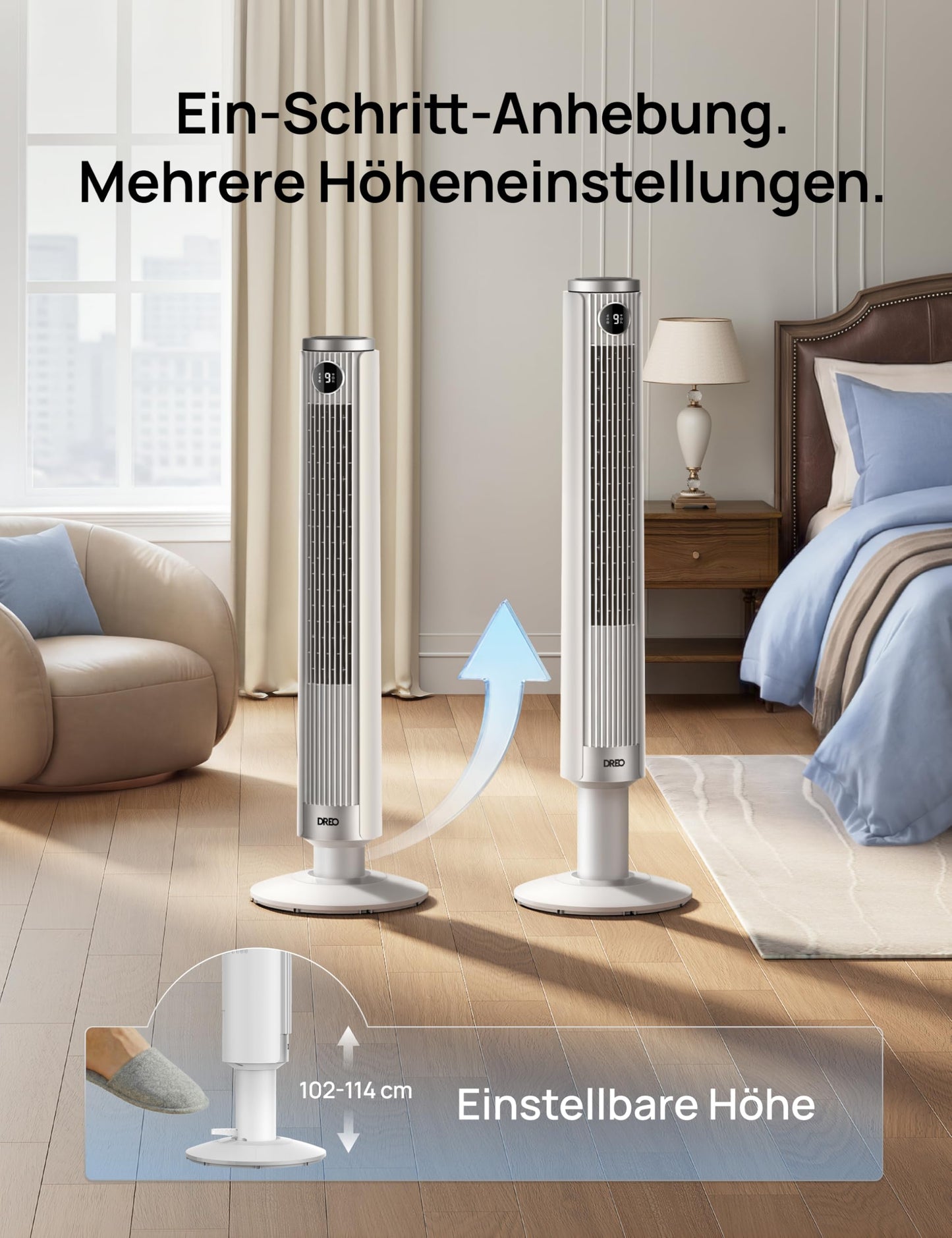 DREO Smart 102-114cm tower fan for bedroom, height adjustable, 8.4m/s, DC motor, 9 levels, 4 modes, 90° oscillation, pedestal fan, 20dB quiet, 12H timer for home and office, Google/Alexa - DR-HTF024S