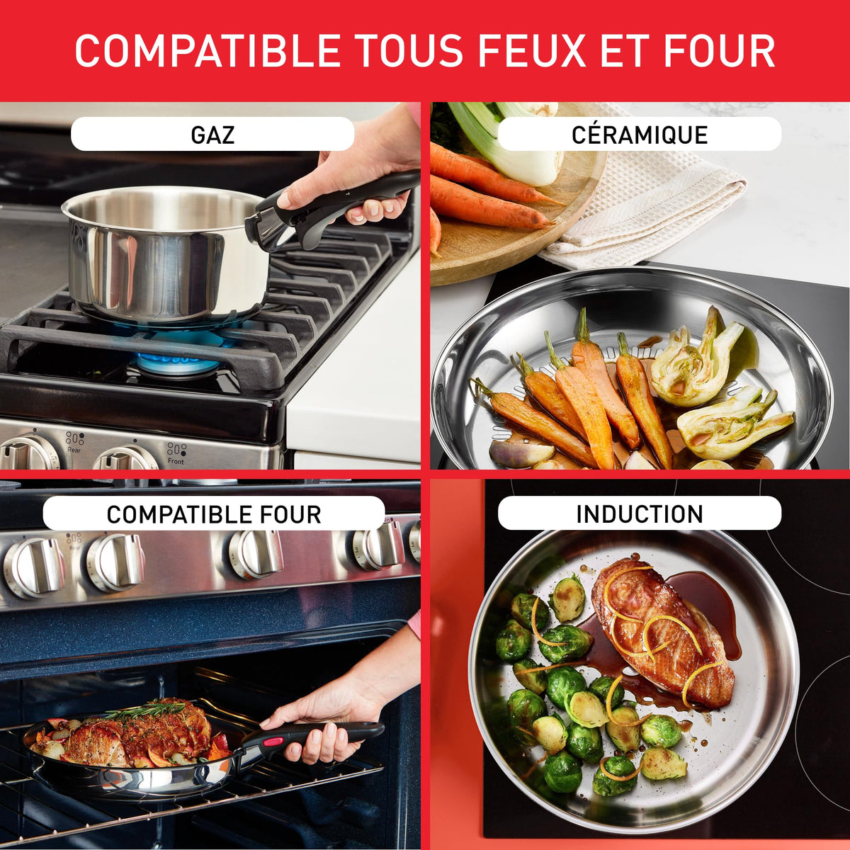 Tefal Ingenio Emotion Frying Pan Set, 3-piece, 22/24/28 cm + detachable handle, stainless steel, non-stick, induction compatible, oven safe, dishwasher safe - L8968445